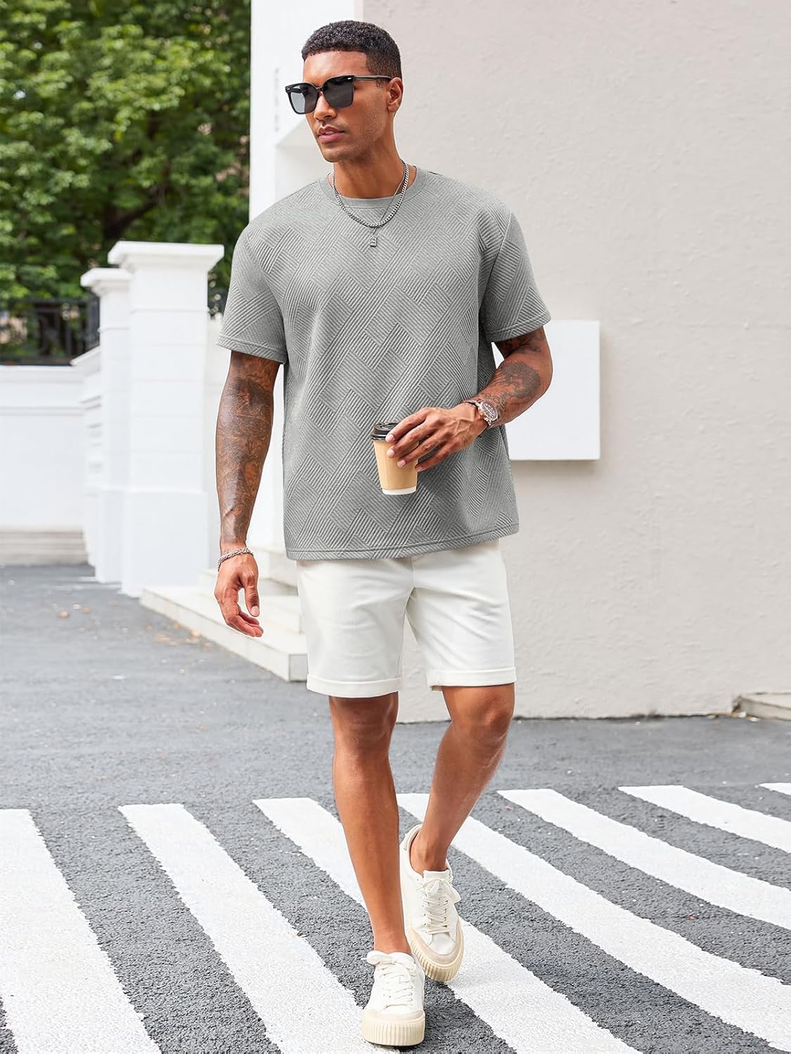 Runcati Men's Casual T-Shirts Short Sleeve Crewneck Summer Stretchy Shirt Textured Jacquard Tops - Image 4