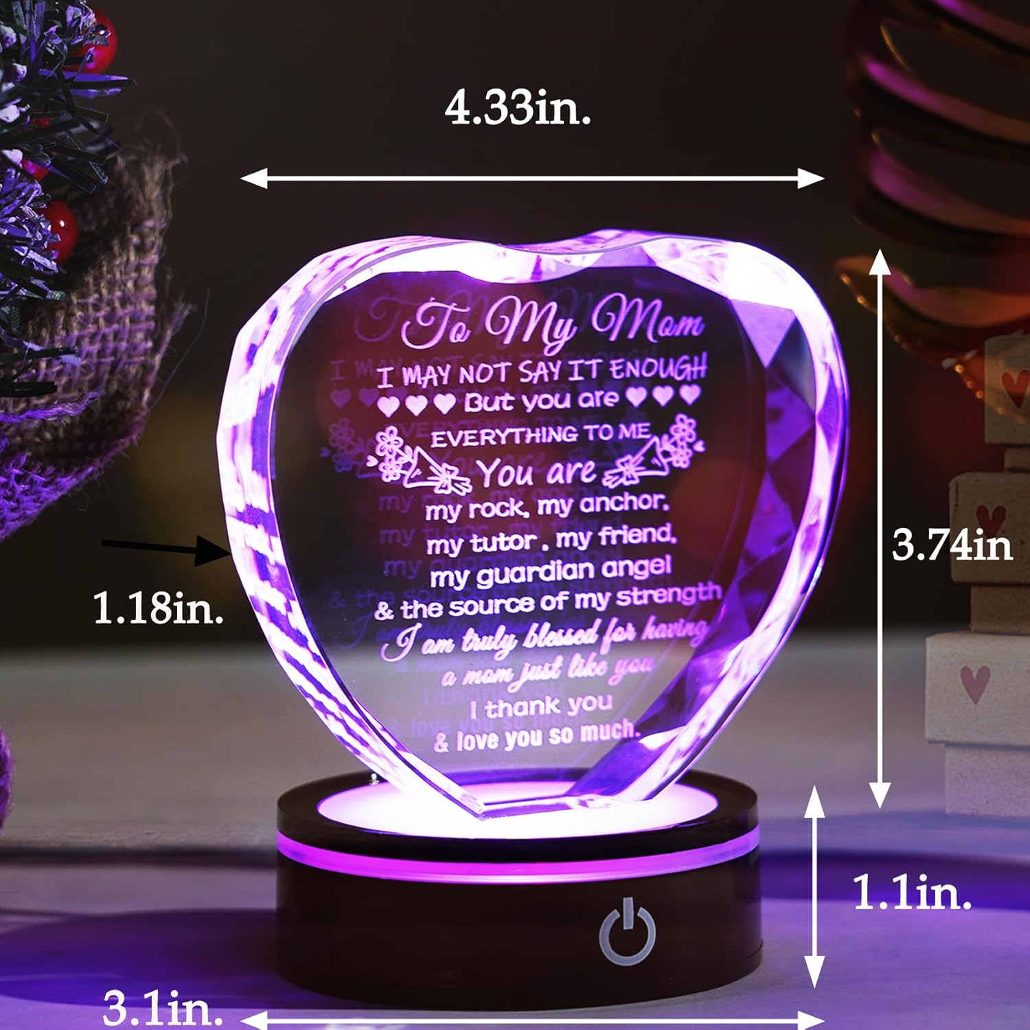 YWHL Gifts for Mom from Daughter Son Moms Mother's Day Birthday Gifts Crystal Unique to My Mom Heart Keepsakes Gift for Mother with Colorful LED Base - Image 9