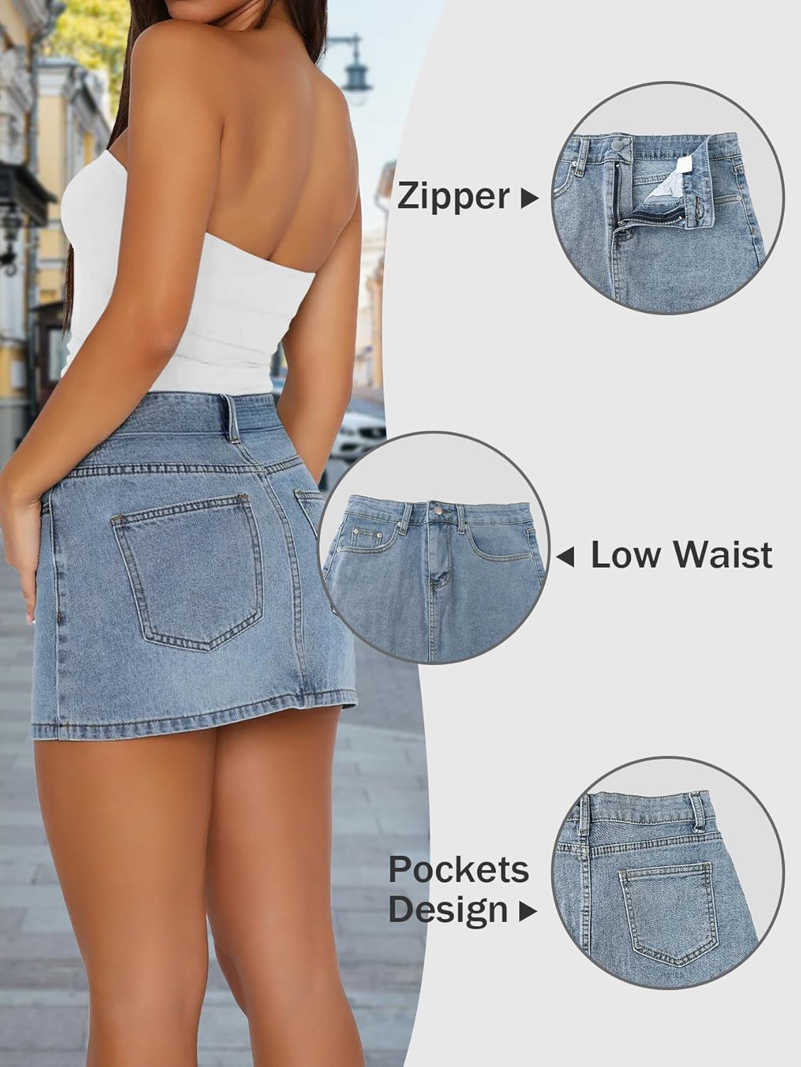 Womens Denim Skirt Casual Mini Jean Skirt Stretch Low Waist Jean Skirt for Women Zip Fly Denim Mini Skirts - Image 3