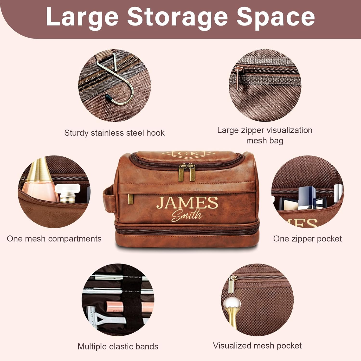 Personalized Toiletry Bag for Men Him, Gifts for Men, Custom Leather Travel Bag Shave Kit, Engraved Pattern Text, Ideal Christmas Gift for Dad, Birthday, Boyfriend, Anniversary, Husband, Son - Image 5