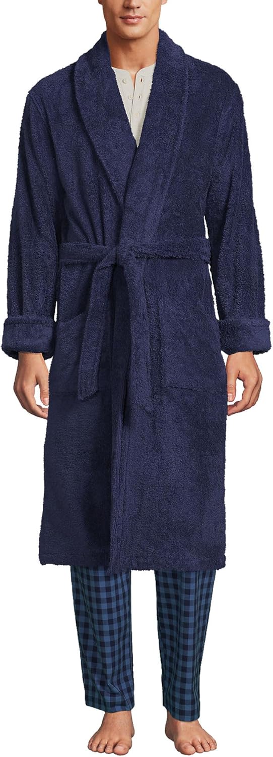 Lands' End Men's Full-Length Turkish Cotton Terry Bathrobe – 55" Length | Plush, Absorbent, 2 Pockets, Spa Comfort