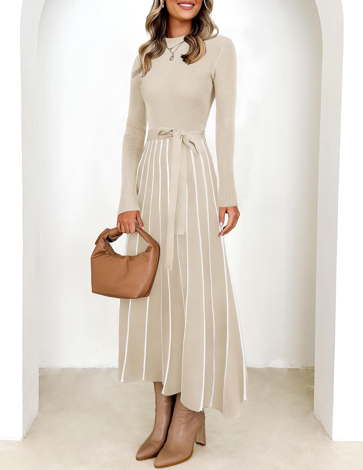 ZESICA Womens 2025 Fall Turtleneck Long Sleeve Sweater Dress Tie Waist Casual Loose Ribbed Knit A Line Midi Dresses - Image 3