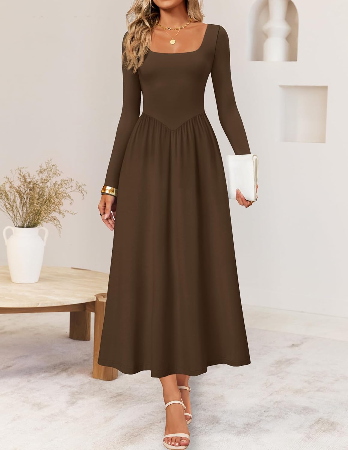 ZESICA Fall Dresses for Women 2025 Elegant Classy Square Neck Long Sleeve Flowy Wedding Guest Party Midi Dress - Image 2