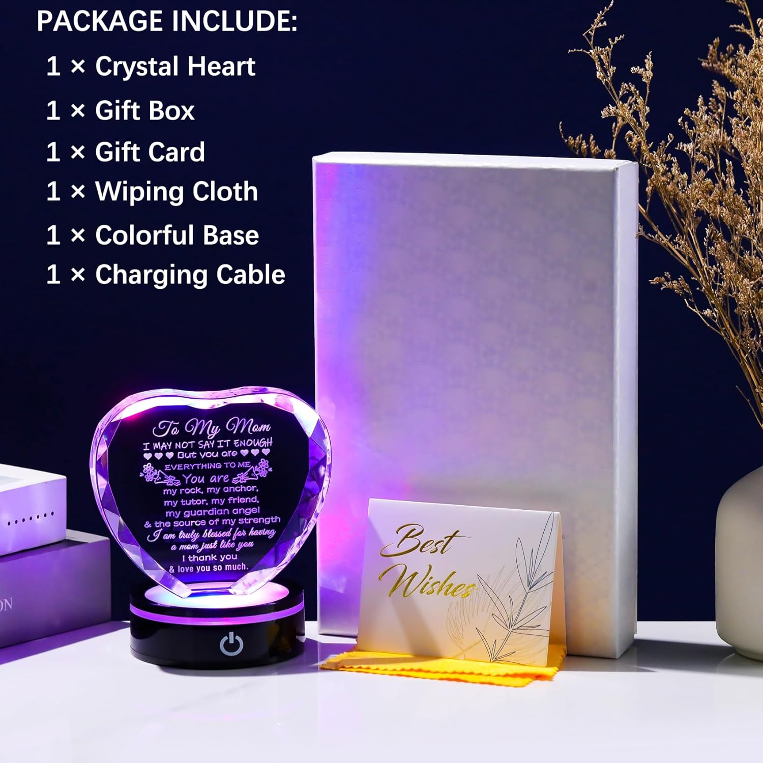 YWHL Gifts for Mom from Daughter Son Moms Mother's Day Birthday Gifts Crystal Unique to My Mom Heart Keepsakes Gift for Mother with Colorful LED Base - Image 6
