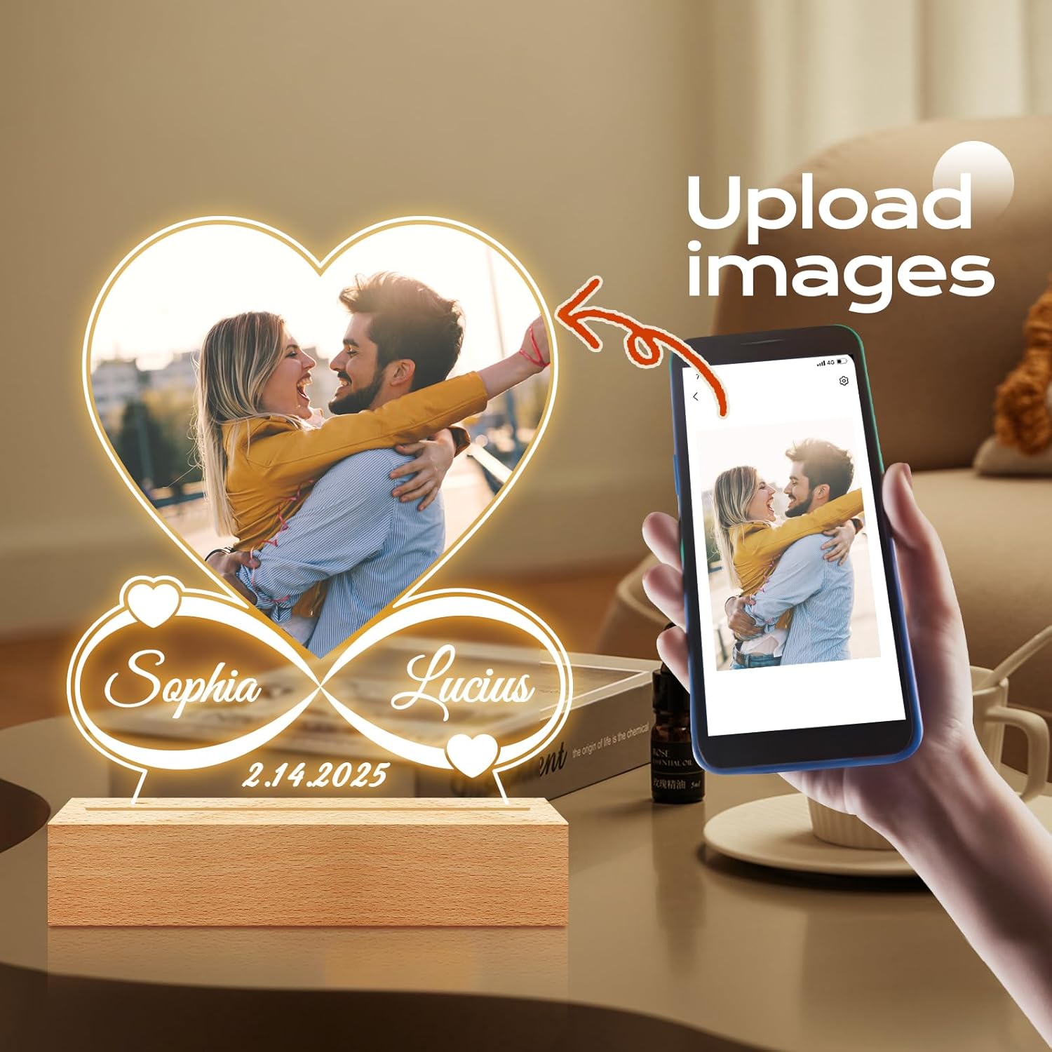 Custom Picture Frames with Photo, Personalized Photo Frame with Night Light, Customized Picture Frame, Christmas Anniversary Birthday Couple Gifts for Women Men Her Him Girlfriend Boyfriend Mom Dad - Image 2