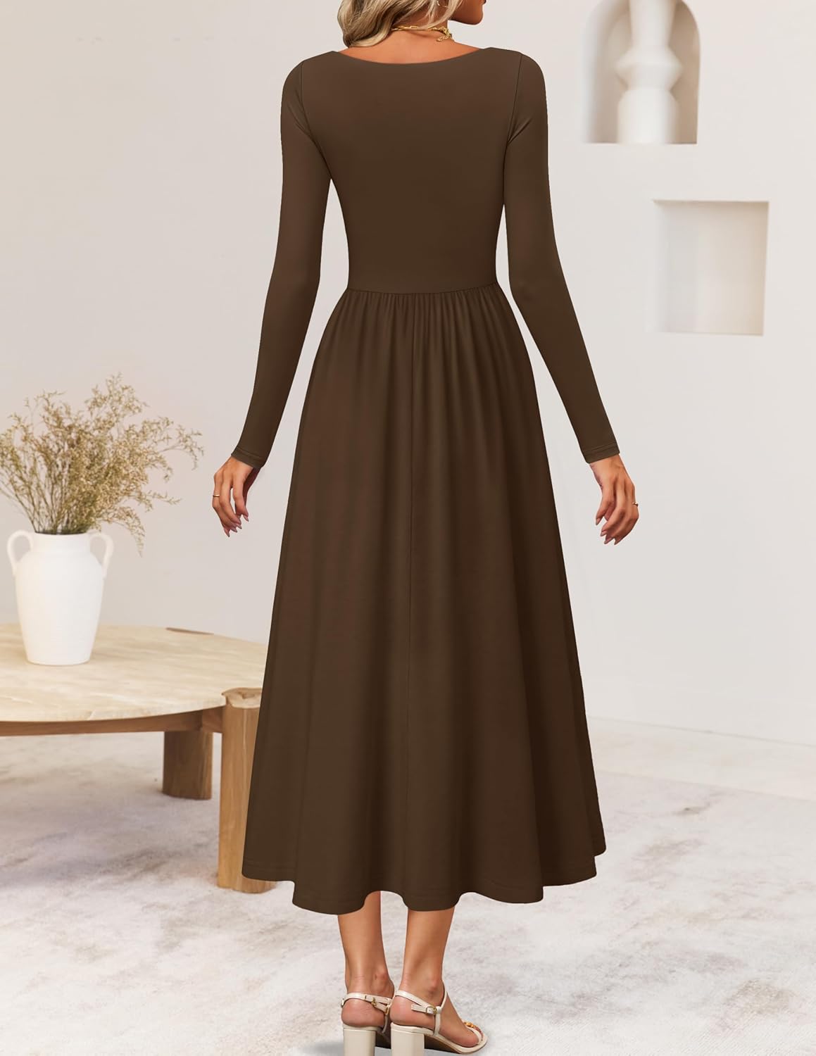 ZESICA Fall Dresses for Women 2025 Elegant Classy Square Neck Long Sleeve Flowy Wedding Guest Party Midi Dress - Image 3