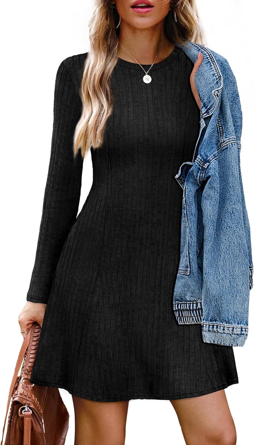 OFEEFAN Fall Dresses for Women 2025 Long Sleeve Crew Neck Sweater Dress - Image 4