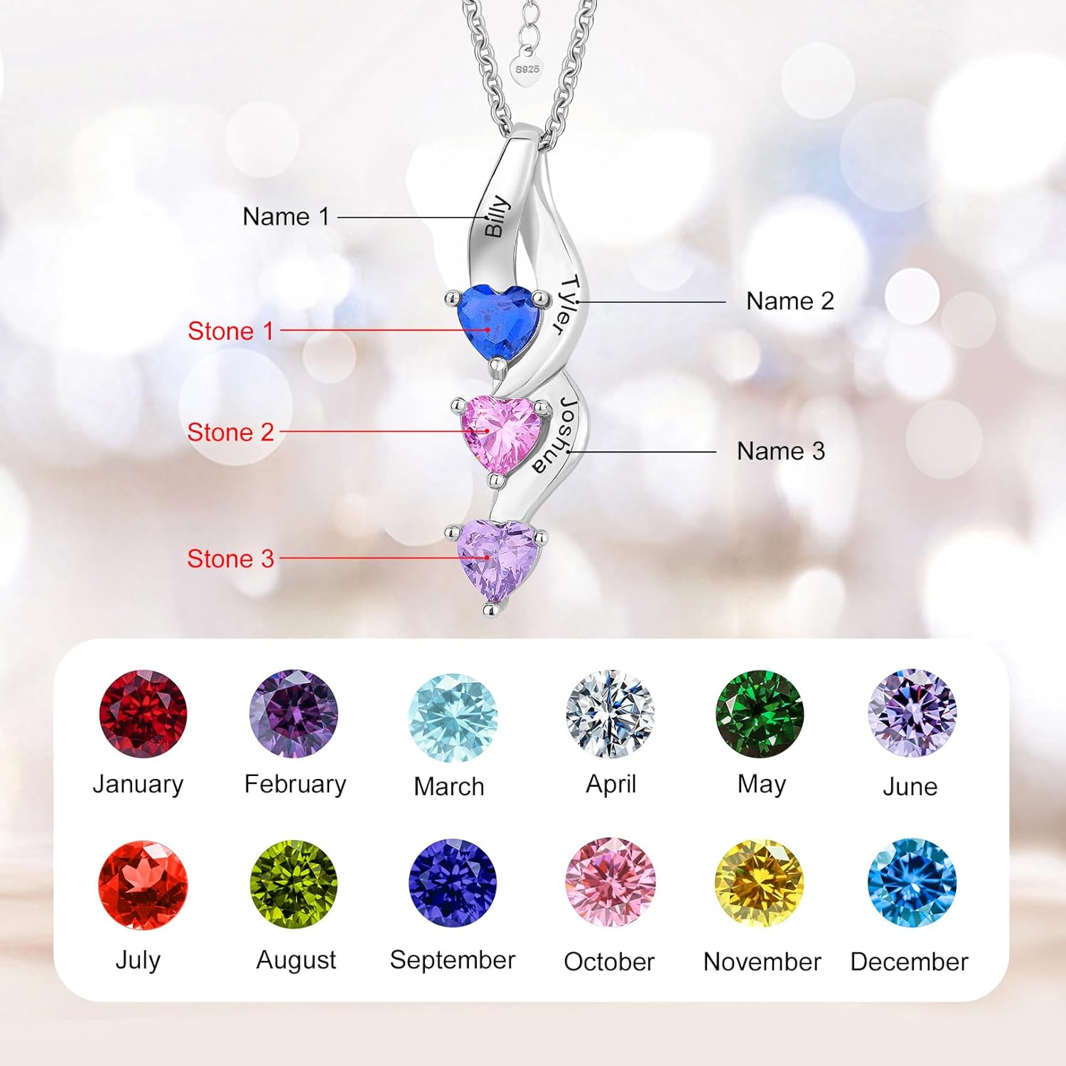 925 Sterling Silver Birthstone Necklace for Mothers with 1-6 Names Personalized Mother Necklace for Women Custom Family Pendant Necklace for Mom Grandma - Image 5