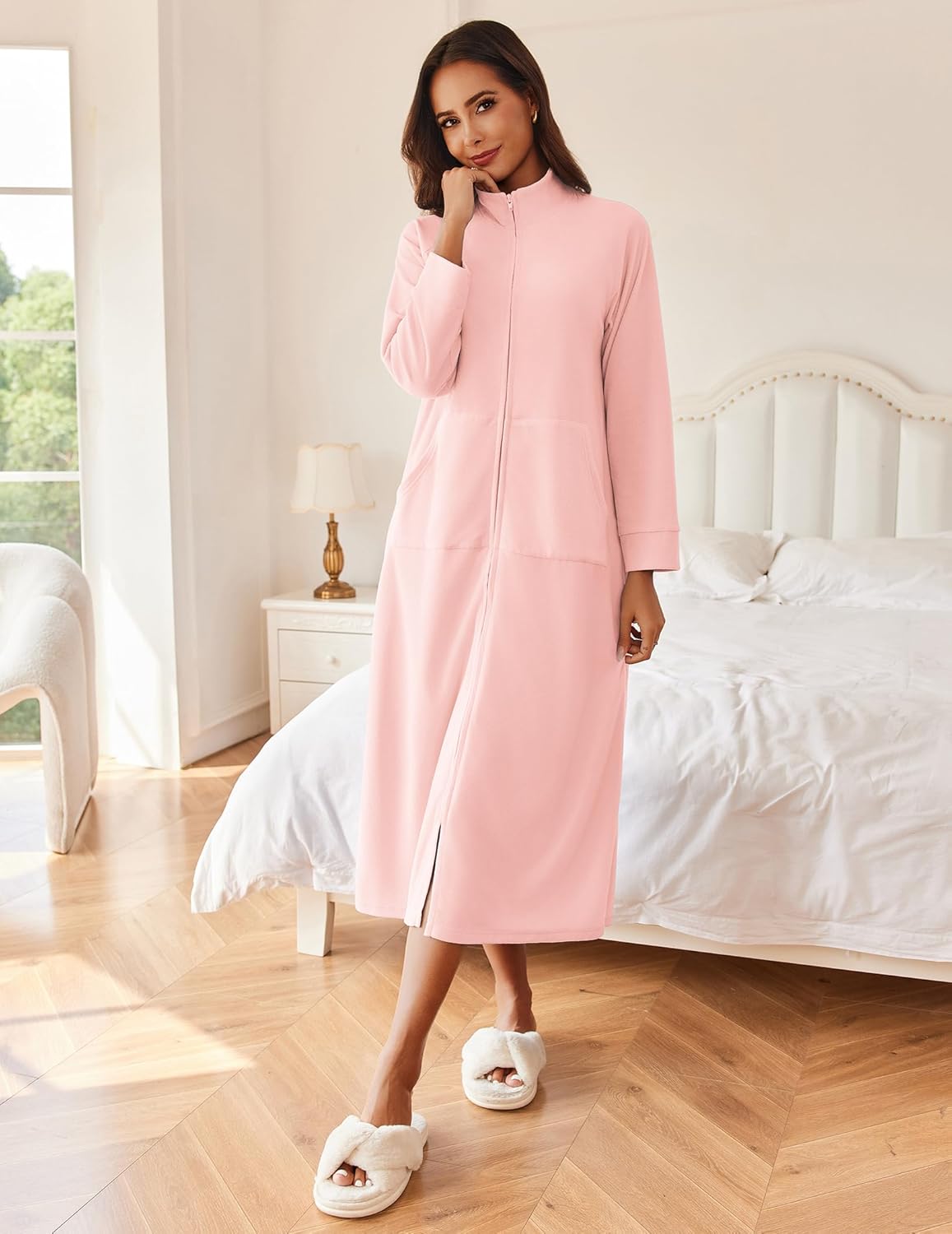 Ekouaer Women Zipper Robe Long Sleeves House Coat Soft Bathrobe Sleepwear with Pockets Housecoat Loungewear - Image 5
