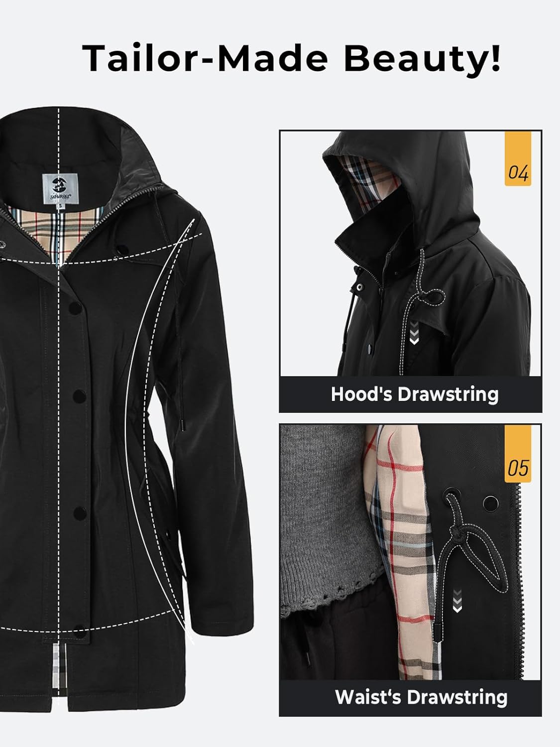 SaphiRose Women's Long Hooded Rain Jacket Outdoor Raincoat Windbreaker - Image 6