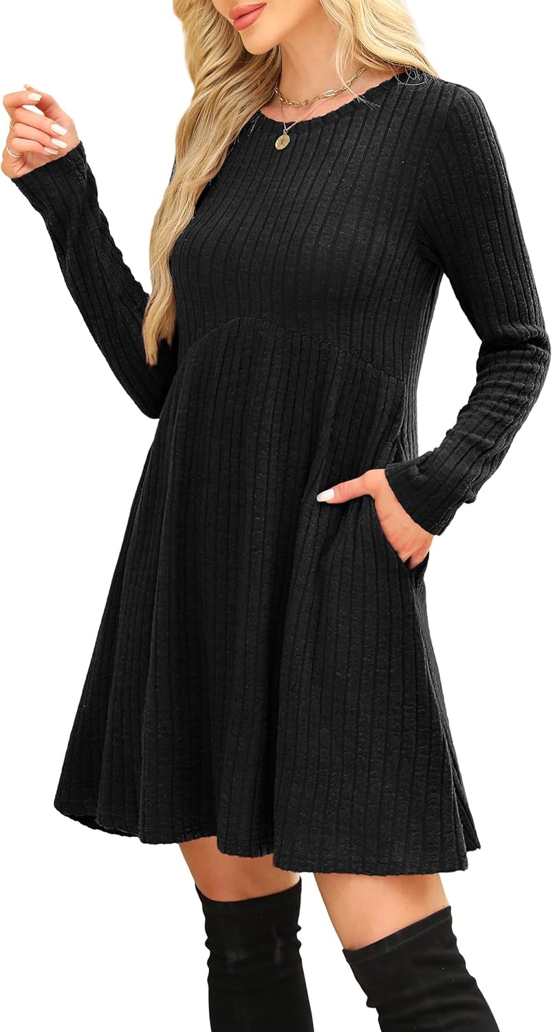 OFEEFAN Long Sleeve Dress for Women Crew Neck Empire Waist Tunic Dress with Pockets - Image 4