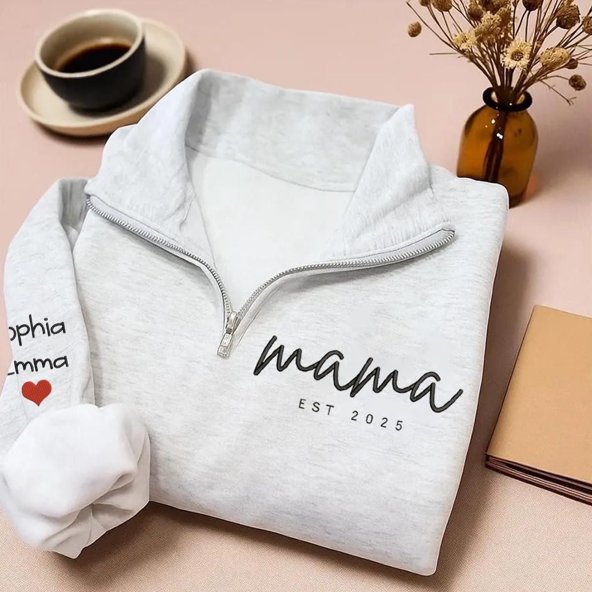 Custom Embroidered Mama Quarter Zip Sweatshirt, Personalized Name Pullover EST 2025, Cozy Cotton Fleece Half Zip Top, Personalized Gifts for New Mom, Mommy Birthday, Mothers Day, Christmas/1 - Image 4