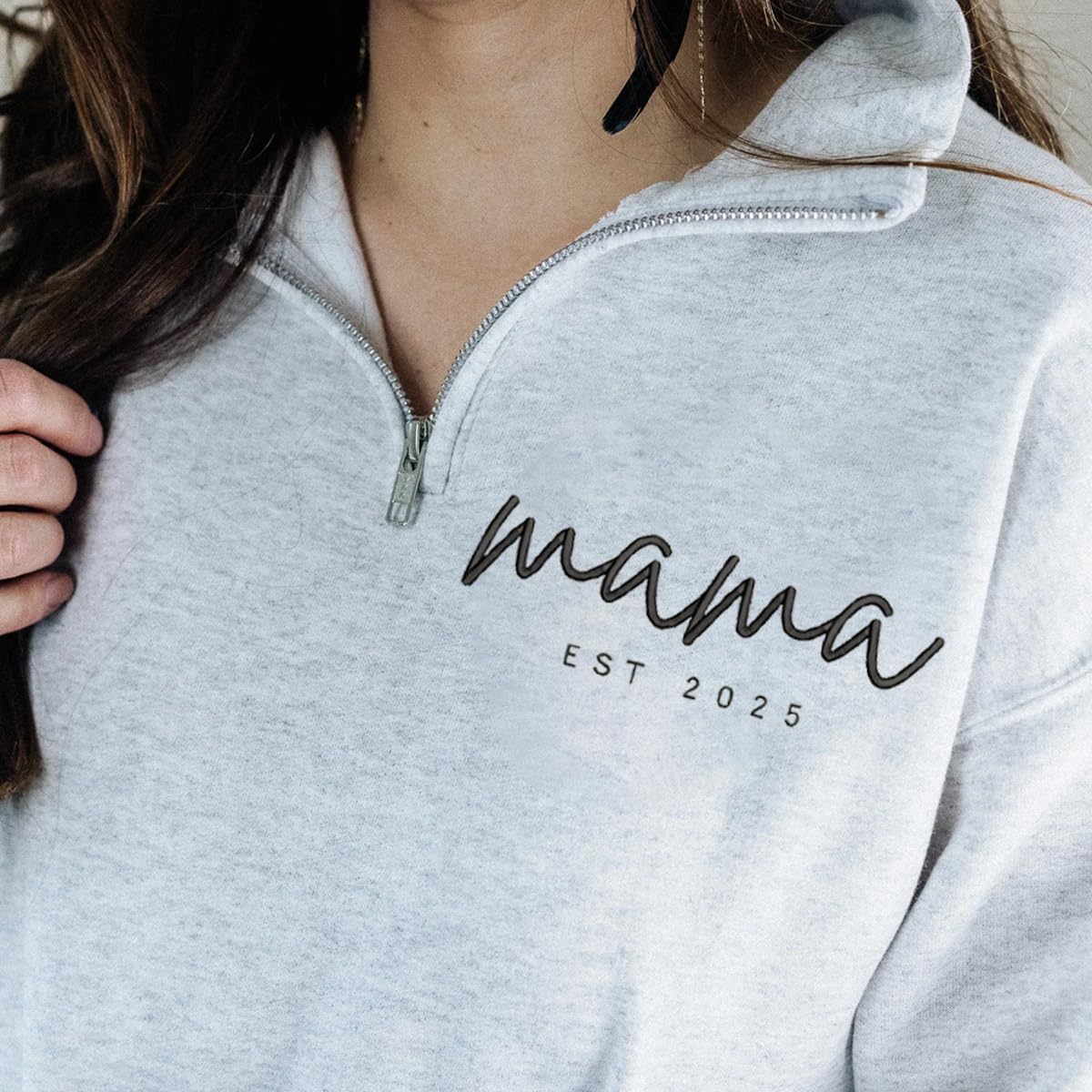 Custom Embroidered Mama Quarter Zip Sweatshirt, Personalized Name Pullover EST 2025, Cozy Cotton Fleece Half Zip Top, Personalized Gifts for New Mom, Mommy Birthday, Mothers Day, Christmas/1 - Image 3