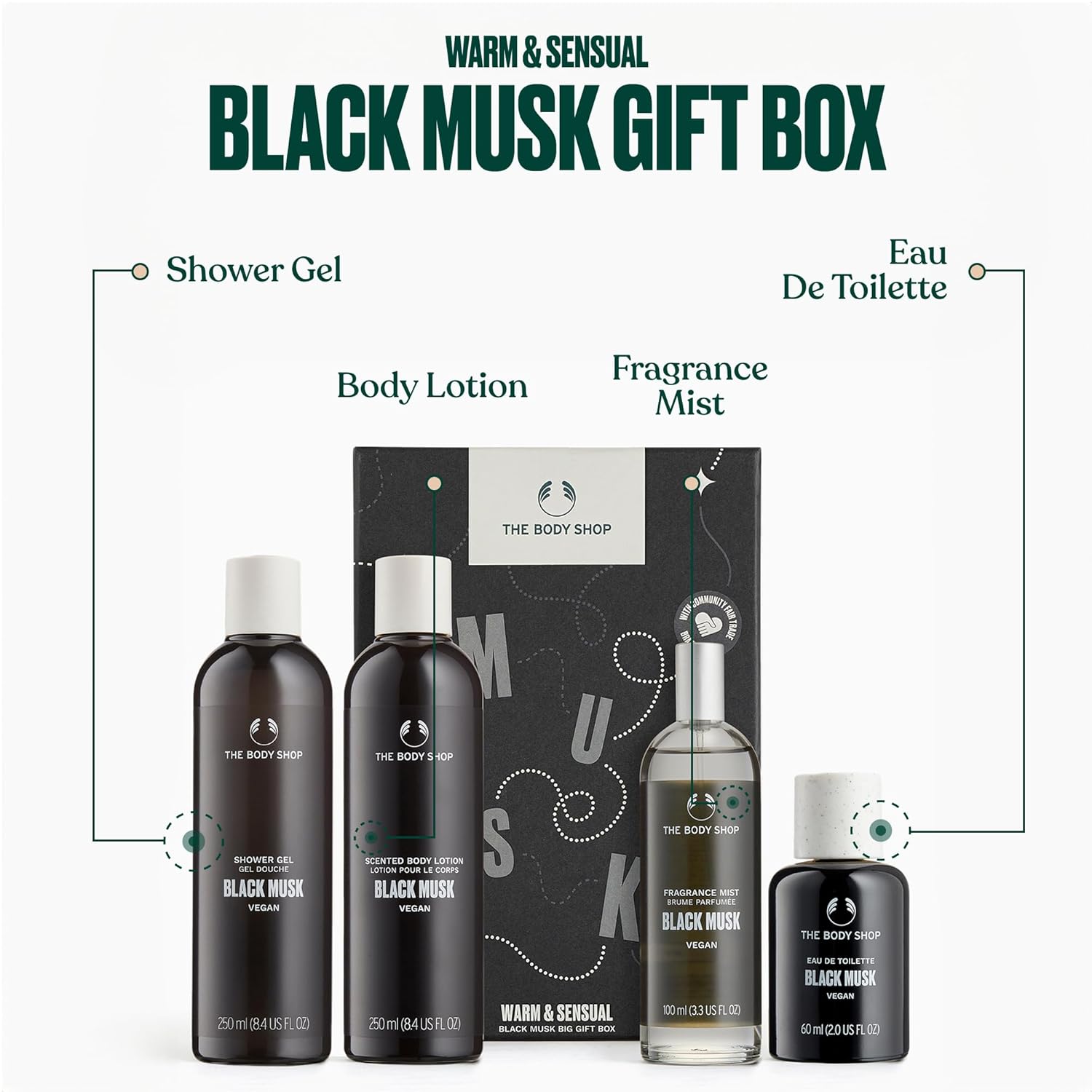 The Body Shop Black Musk Gift Box- 4 Piece Set, Includes Shower Gel, Body Lotion, Fragrance Mist and Eau De Toilette, Vegan - Image 2