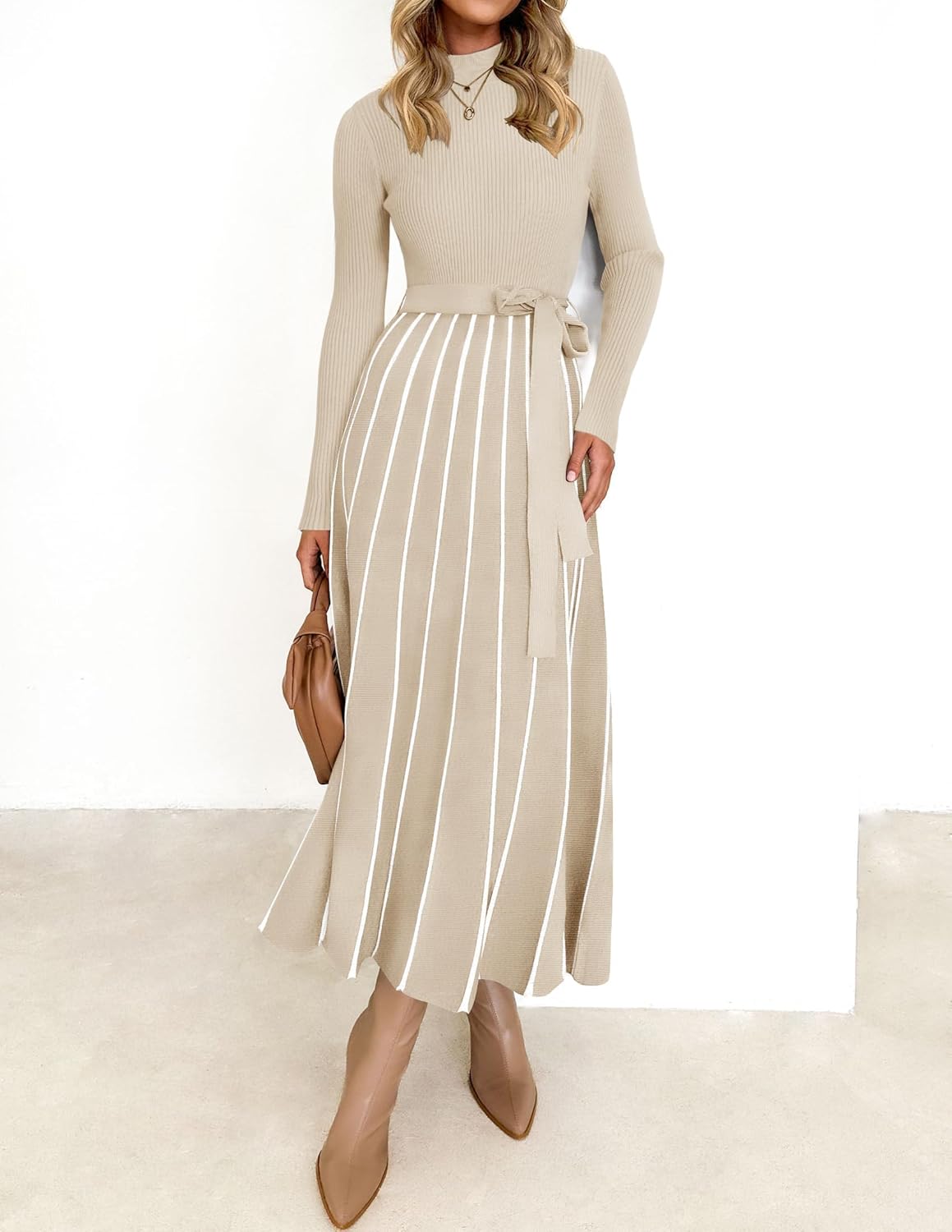 ZESICA Womens 2025 Fall Turtleneck Long Sleeve Sweater Dress Tie Waist Casual Loose Ribbed Knit A Line Midi Dresses - Image 2