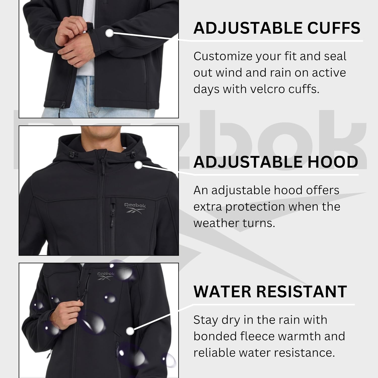 Reebok Waterproof Soft Shell Rain Jacket Men - Rain Coat, Softshell Windbreaker with Hood - Image 3