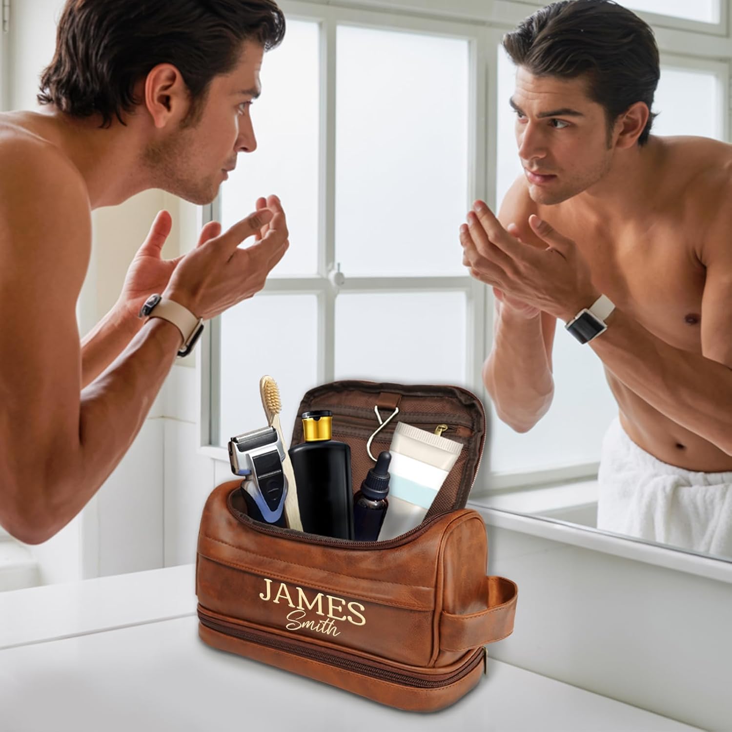 Personalized Toiletry Bag for Men Him, Gifts for Men, Custom Leather Travel Bag Shave Kit, Engraved Pattern Text, Ideal Christmas Gift for Dad, Birthday, Boyfriend, Anniversary, Husband, Son - Image 9