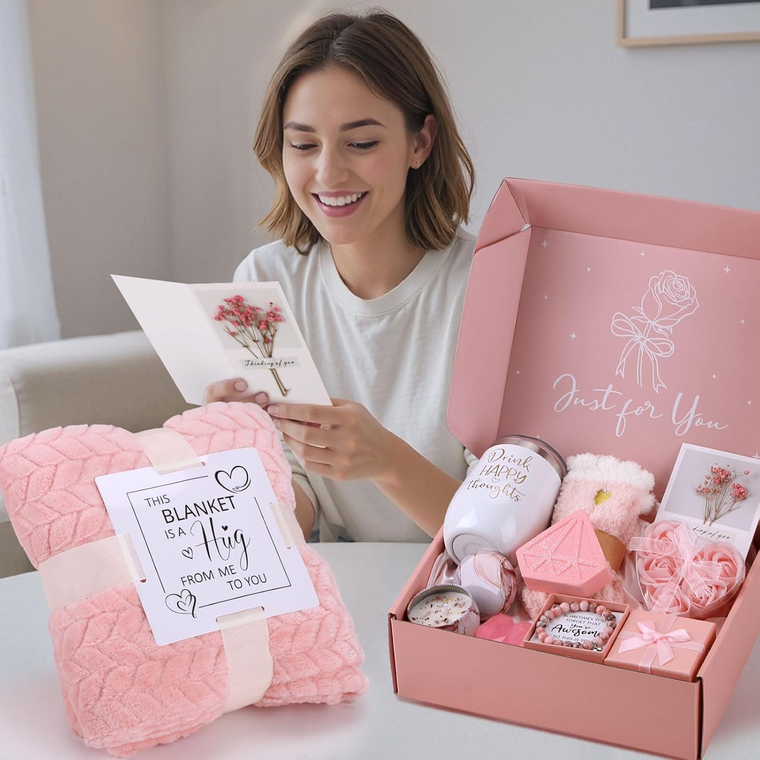 Birthday Gifts for Women Self Care Gift Set, Pink Relaxing Spa Gifts Basket Women Care Package Get Well Soon Gifts, Unique Christmas Presents for Mom Her Wife Sister Grandma, Thinking of You Gifts - Image 8