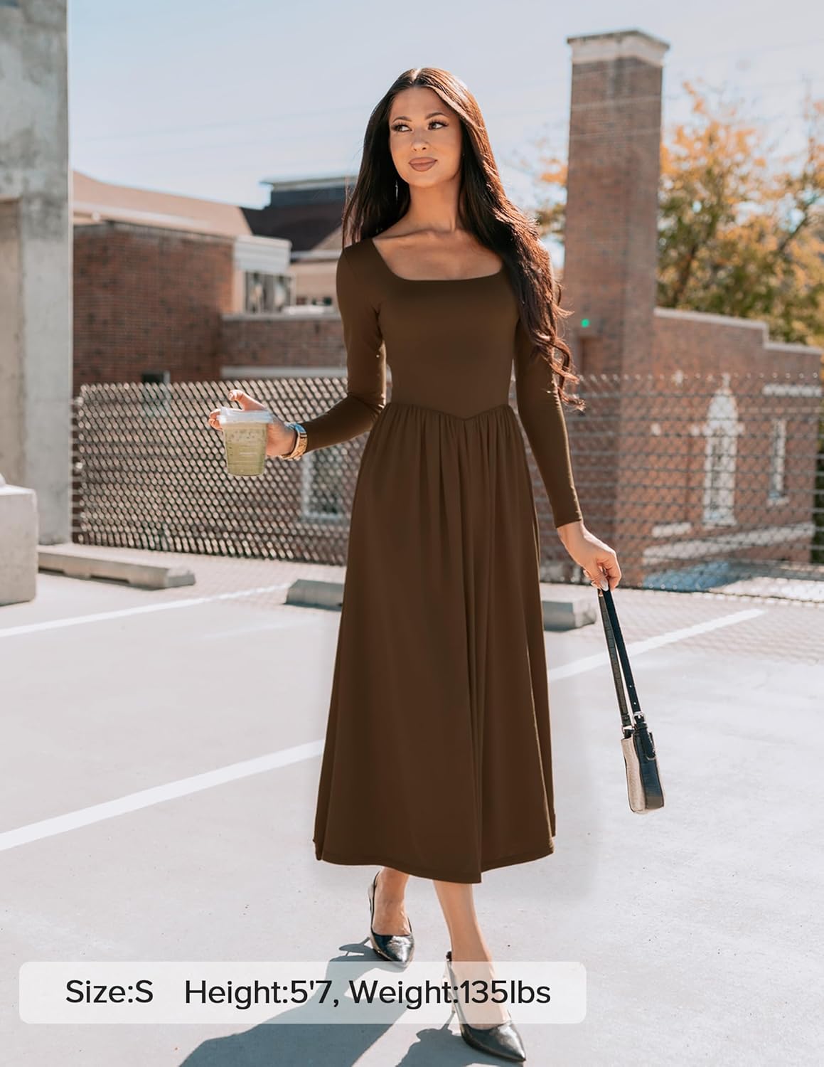ZESICA Fall Dresses for Women 2025 Elegant Classy Square Neck Long Sleeve Flowy Wedding Guest Party Midi Dress - Image 6