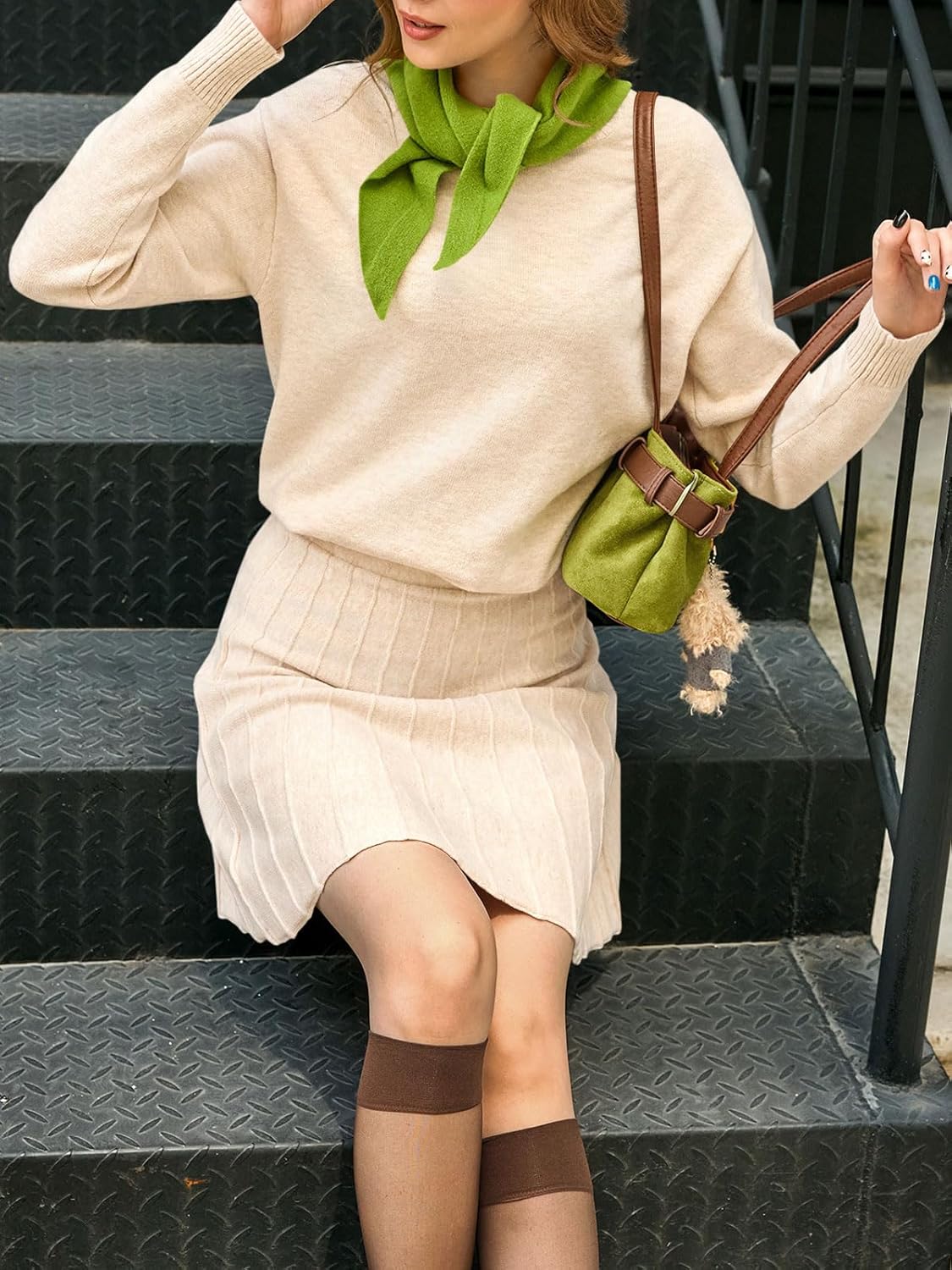 Tankaneo Womens Skirt 2 Piece Sweater Set Long Sleeve Crewneck Sweaters Pleated Mini Skirt Knit Lounge Sets - Image 5
