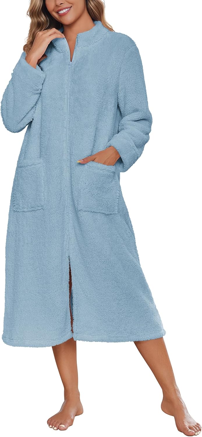 Ekouaer Women Zipper Robe Fleece Long Sleeves Bathrobe Sleepwear Warm Soft Housecoat with Pockets Zip Up House Dresses - Image 2