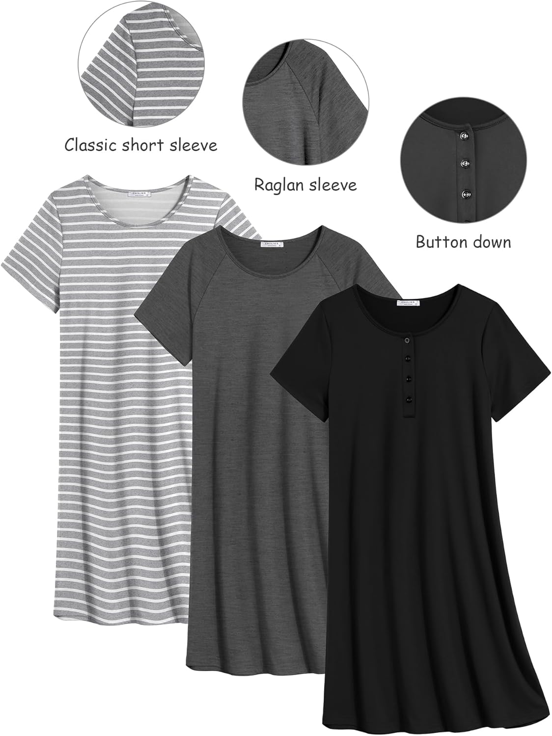 Ekouaer 3 Pack Nightgowns for Women Short Sleeve Sleepshirt Button Down Nightshirt Soft Pajamas Dress Casual Sleepwear - Image 7