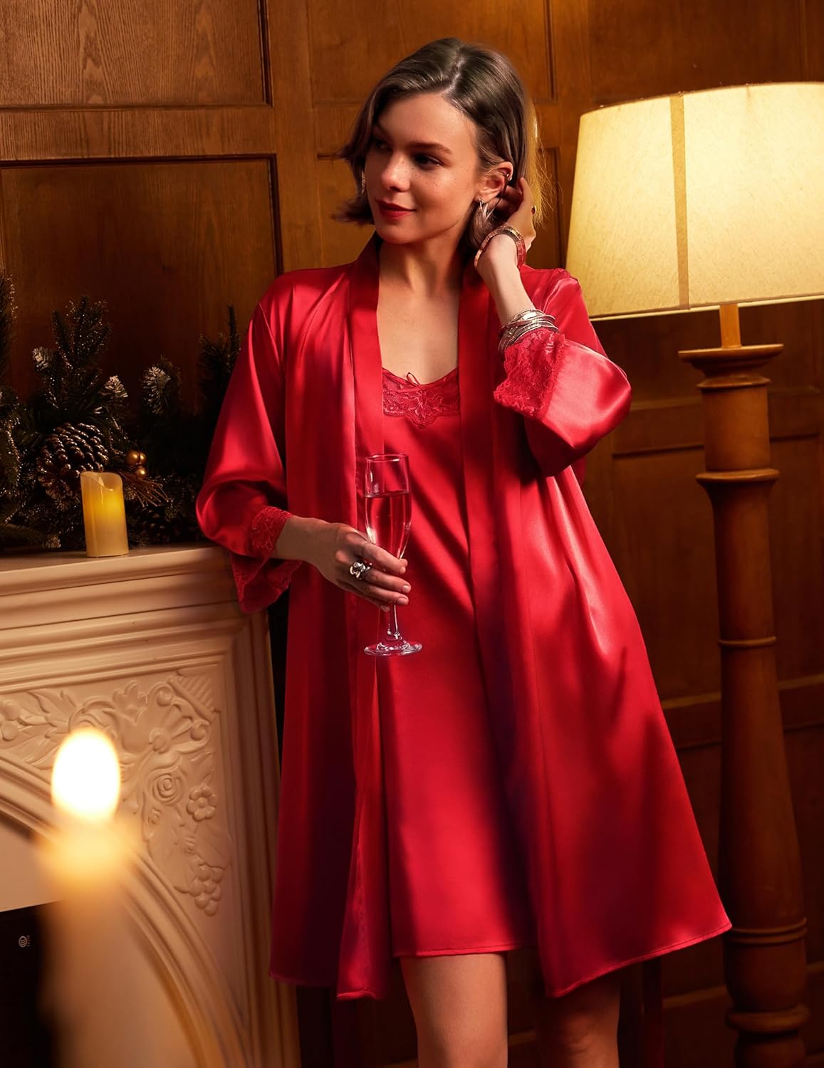 Ekouaer Sleepwear Women's Satin Nightgown with Robes Set 2 Piece Sexy Lace Cami Nightwear - Image 2