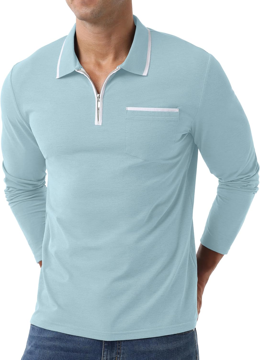 Askdeer Men's Polo Shirts Zip Long Sleeve Classic T-Shirts Casual Golf Shirts Stylish Collared Tee - Image 2