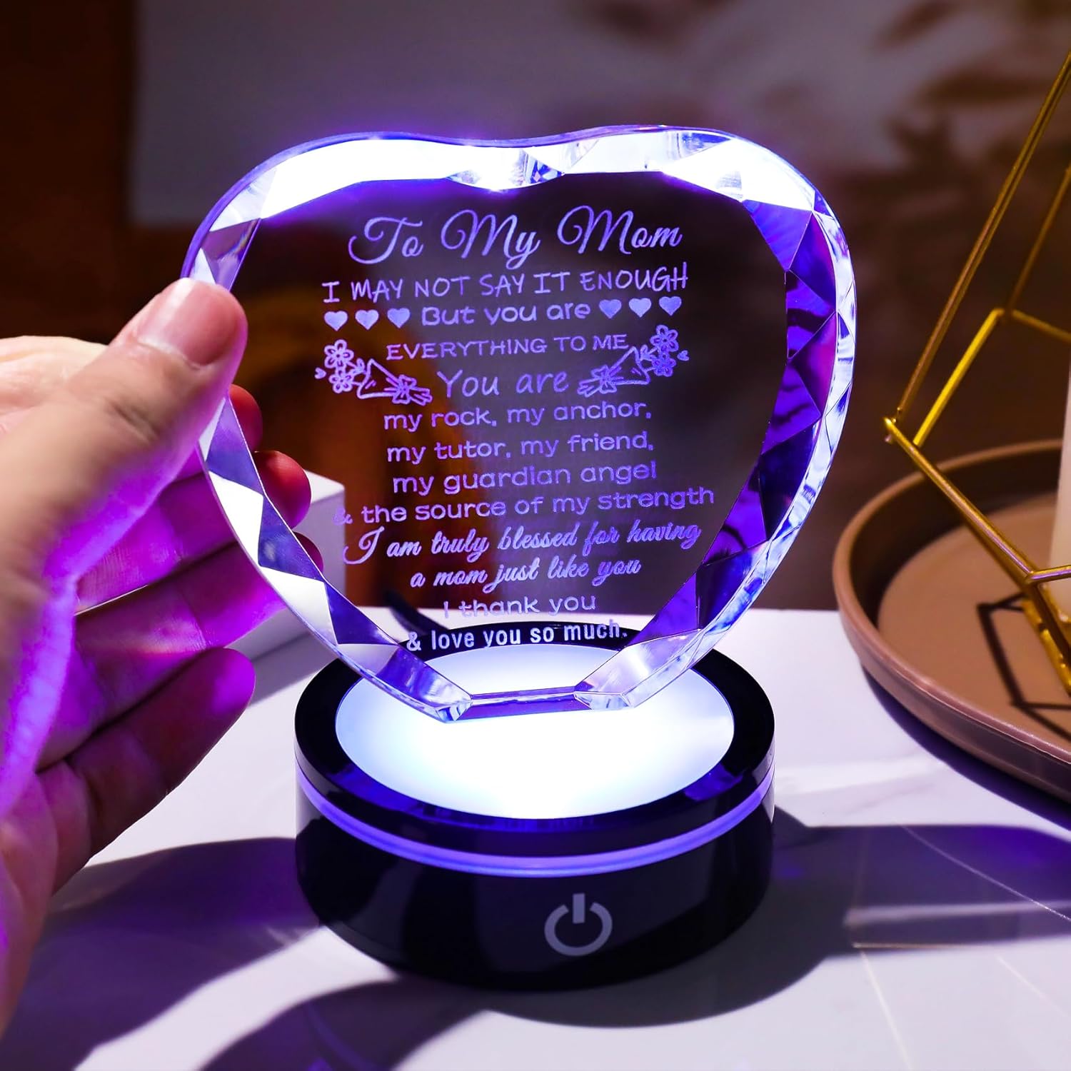 YWHL Gifts for Mom from Daughter Son Moms Mother's Day Birthday Gifts Crystal Unique to My Mom Heart Keepsakes Gift for Mother with Colorful LED Base - Image 4