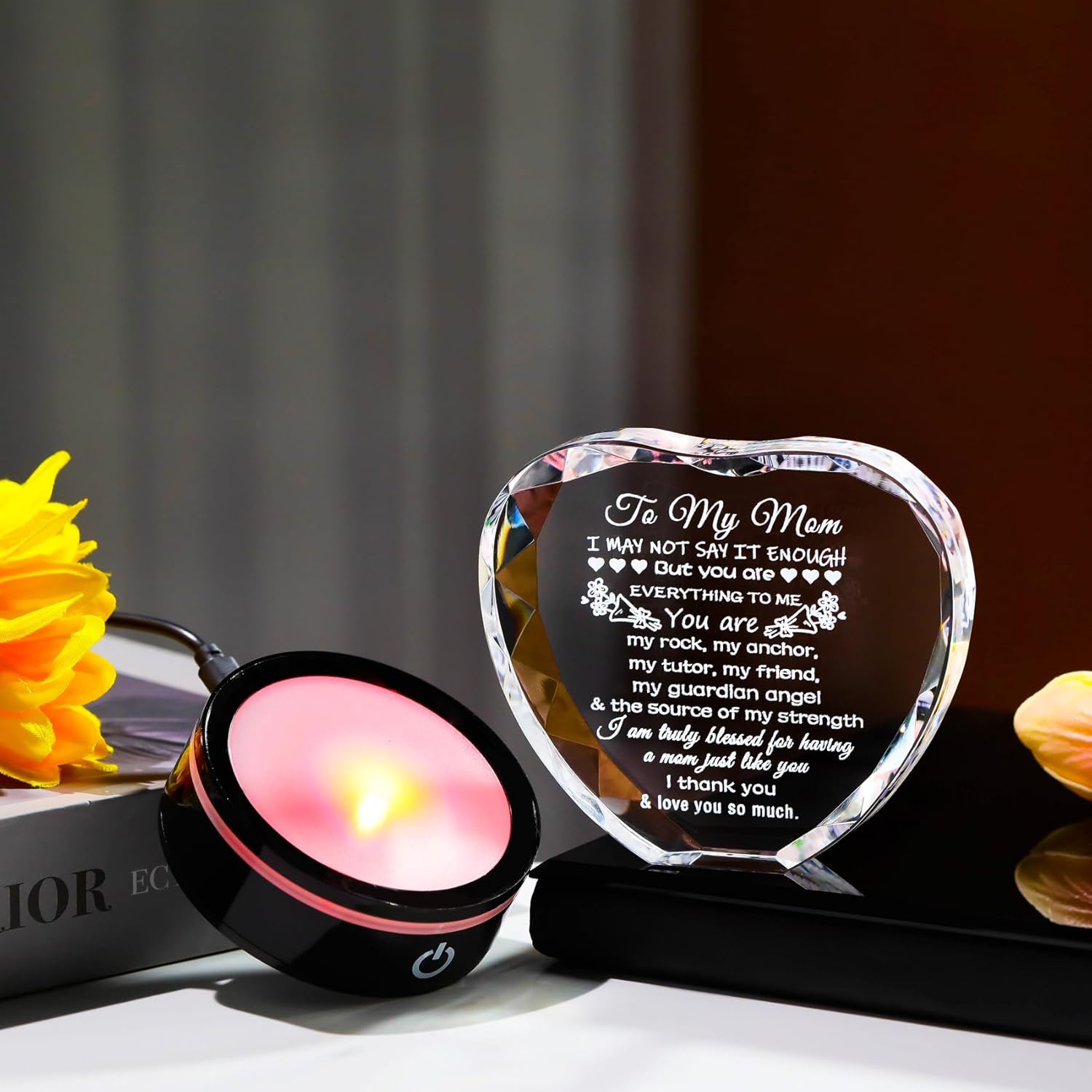 YWHL Gifts for Mom from Daughter Son Moms Mother's Day Birthday Gifts Crystal Unique to My Mom Heart Keepsakes Gift for Mother with Colorful LED Base - Image 8