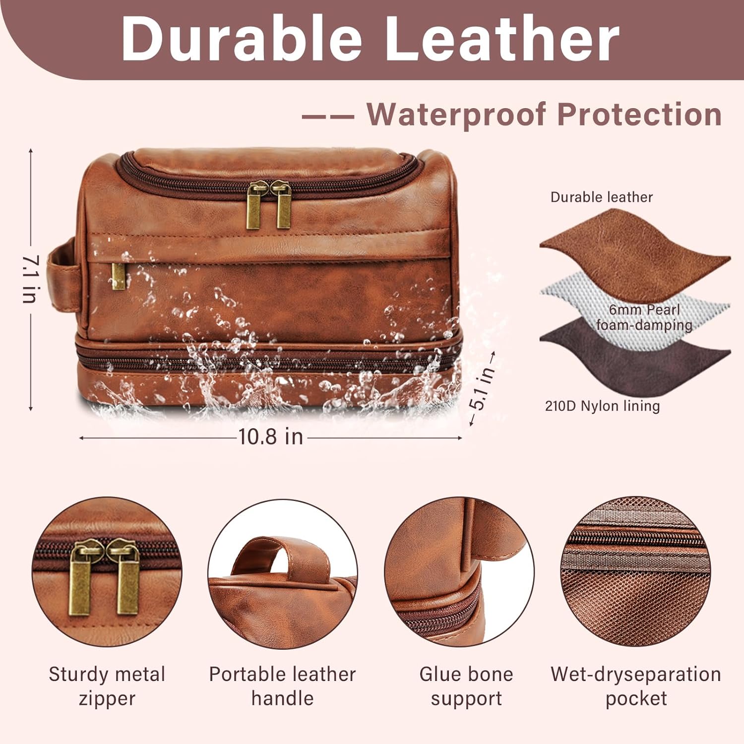 Personalized Toiletry Bag for Men Him, Gifts for Men, Custom Leather Travel Bag Shave Kit, Engraved Pattern Text, Ideal Christmas Gift for Dad, Birthday, Boyfriend, Anniversary, Husband, Son - Image 6