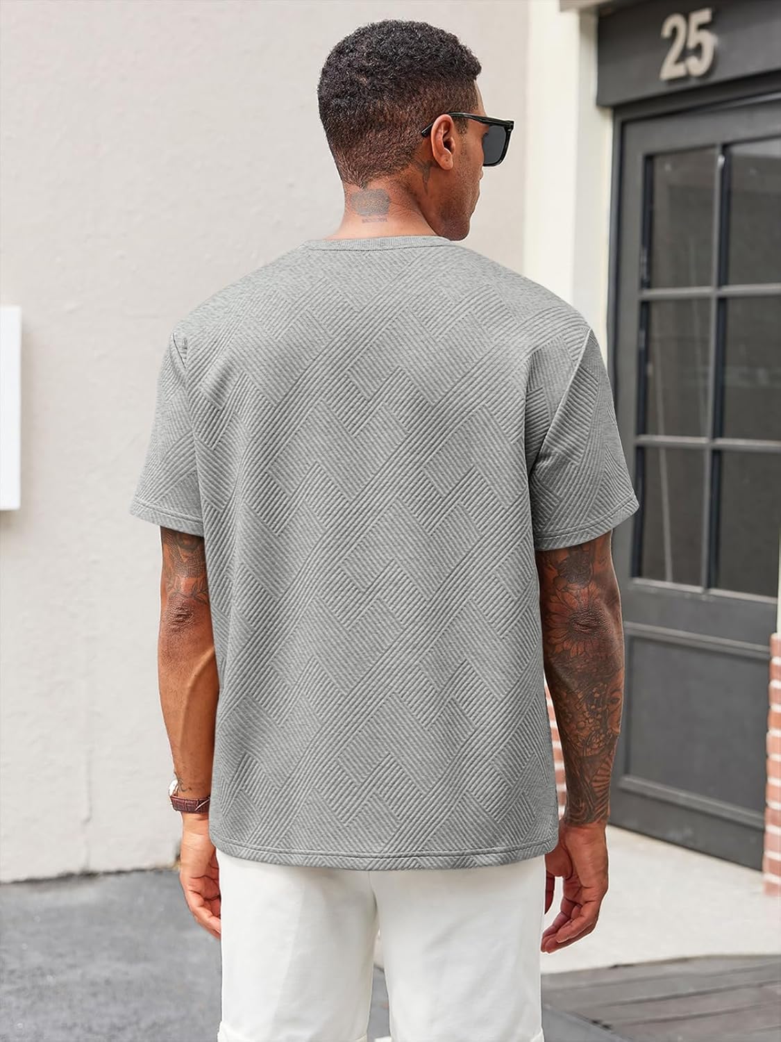 Runcati Men's Casual T-Shirts Short Sleeve Crewneck Summer Stretchy Shirt Textured Jacquard Tops - Image 3