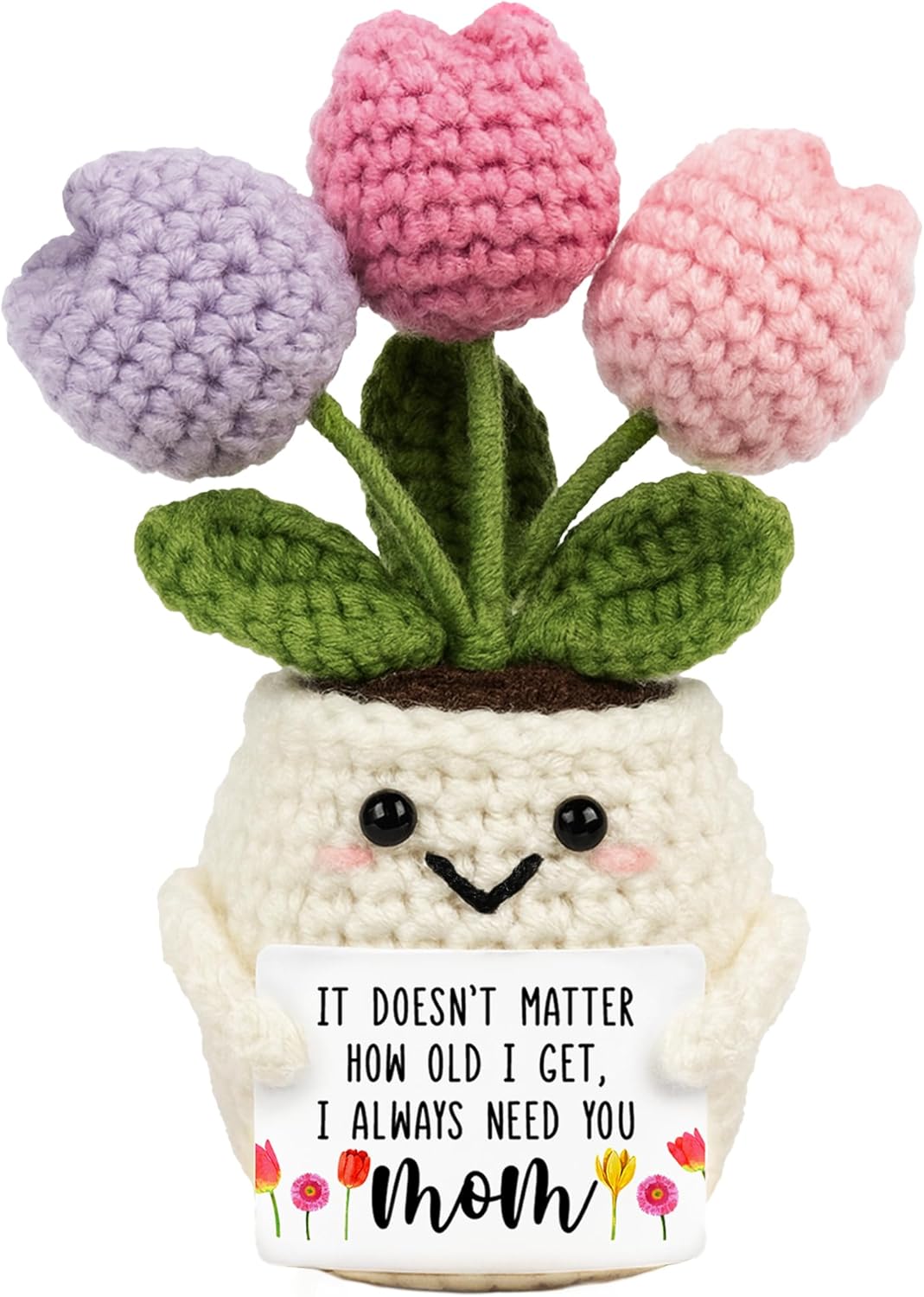 Gifts for Mom from Daughter Son - Cute Christmas, Mothers Day, Birthday Gifts for Moms - 5.51'' x 4.13'' Knitted Positive Tulip Flowers Mom Crochet Doll
