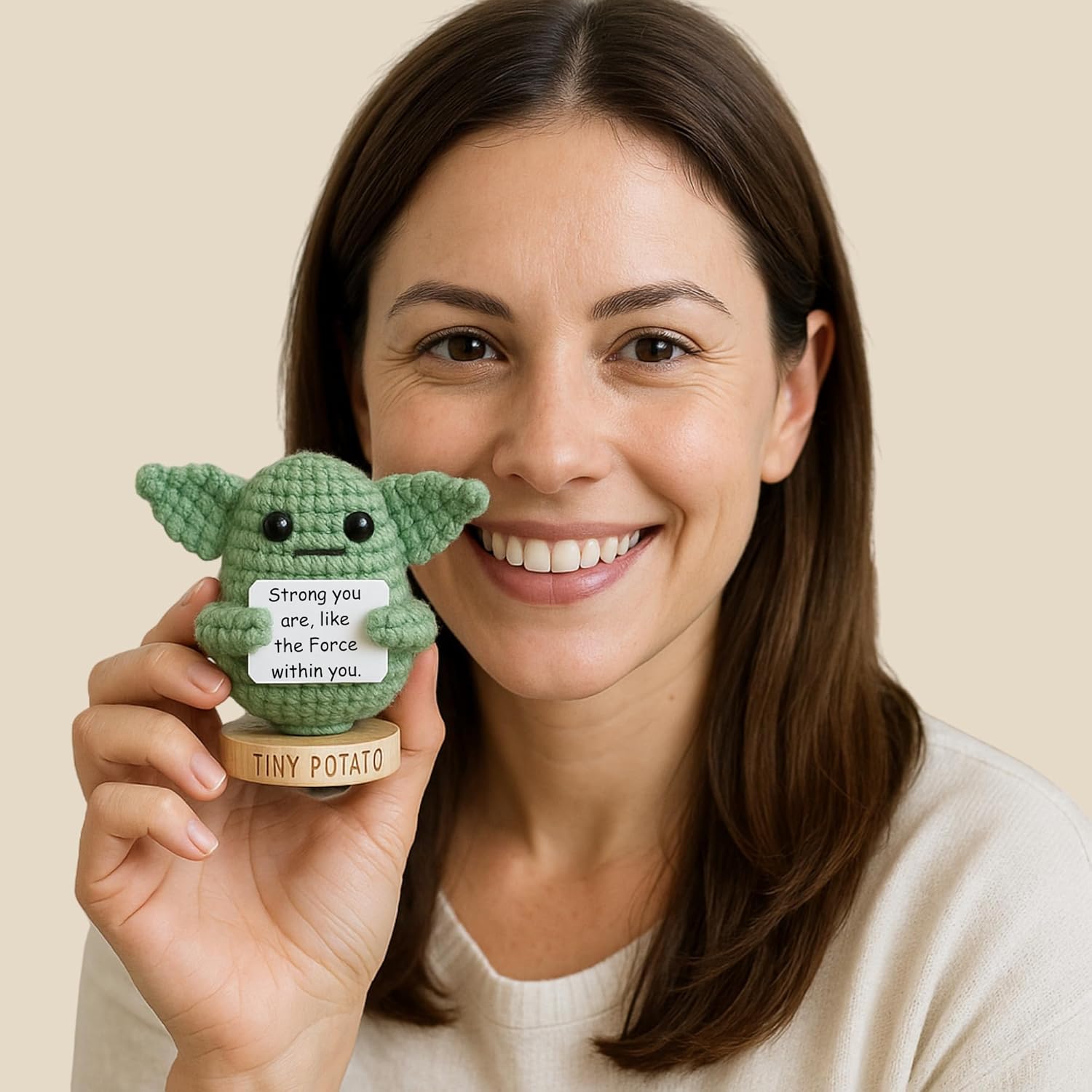 Handmade Baby Yoda Positive Crochet with 30 Fun Affirmations - Funny Friendship Gift for Christmas, Birthday Gifts for Women | Small Stocking Stuffers Starwars Present Idea for Friends, BFF, Coworker - Image 3