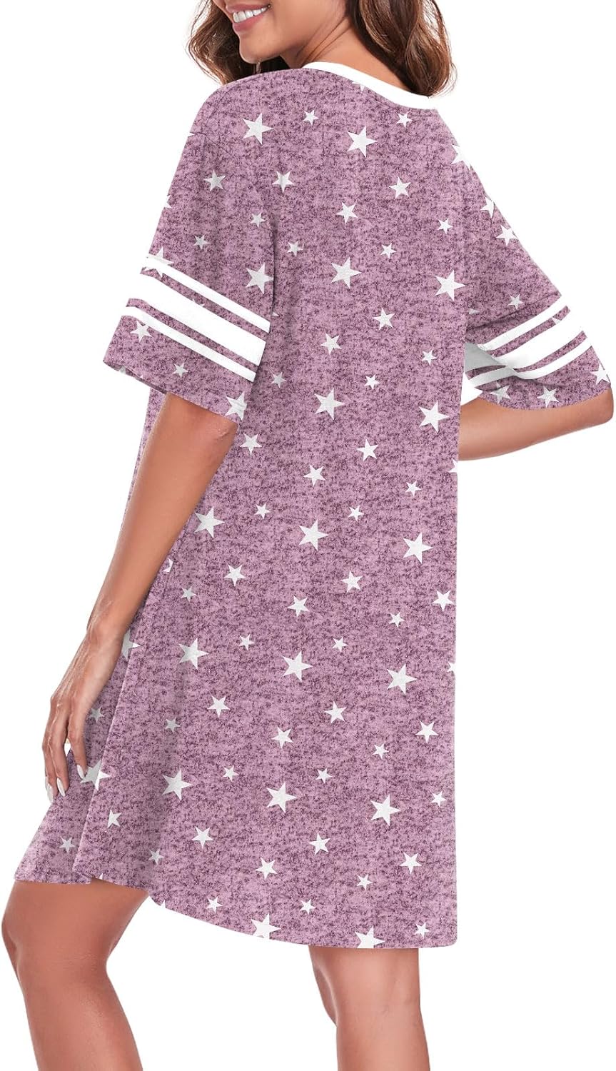 Womens Nightgowns Short Sleeve Sleepshirt Sleepwear Casual V Neck Sleep Dress Loungewear Nightshirts - Image 3