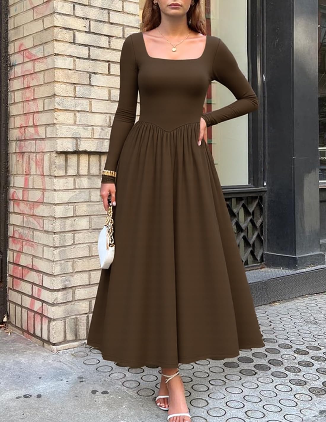 ZESICA Fall Dresses for Women 2025 Elegant Classy Square Neck Long Sleeve Flowy Wedding Guest Party Midi Dress - Image 4