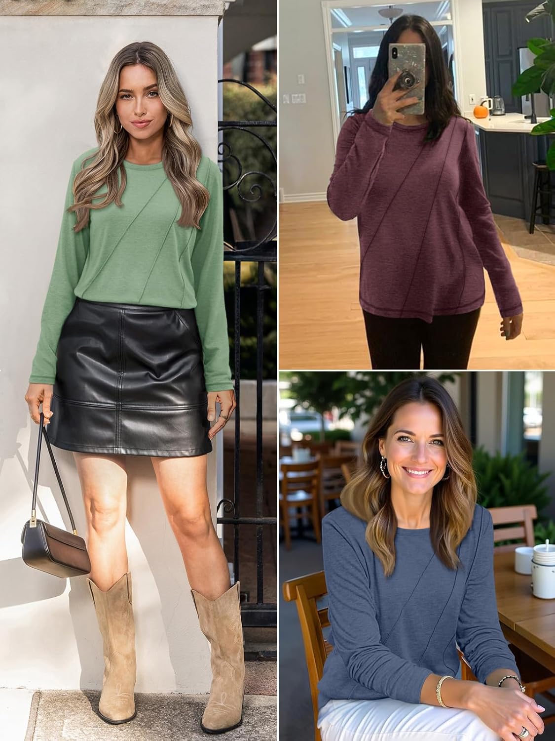 ATHMILE Womens Long Sleeve Shirts Pleated Crew Neck Casual Fall Fashion Tops Loose Fit Lightweight Girls Outfits Clothes - Image 3