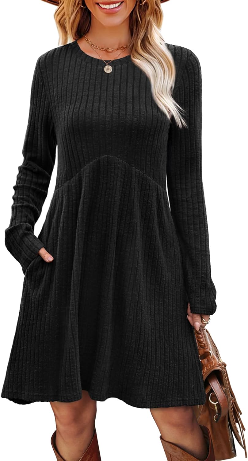OFEEFAN Long Sleeve Dress for Women Crew Neck Empire Waist Tunic Dress with Pockets - Image 3