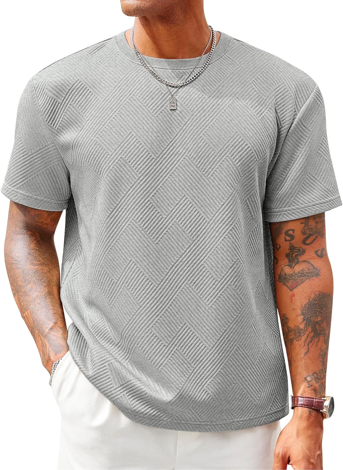 Runcati Men's Casual T-Shirts Short Sleeve Crewneck Summer Stretchy Shirt Textured Jacquard Tops