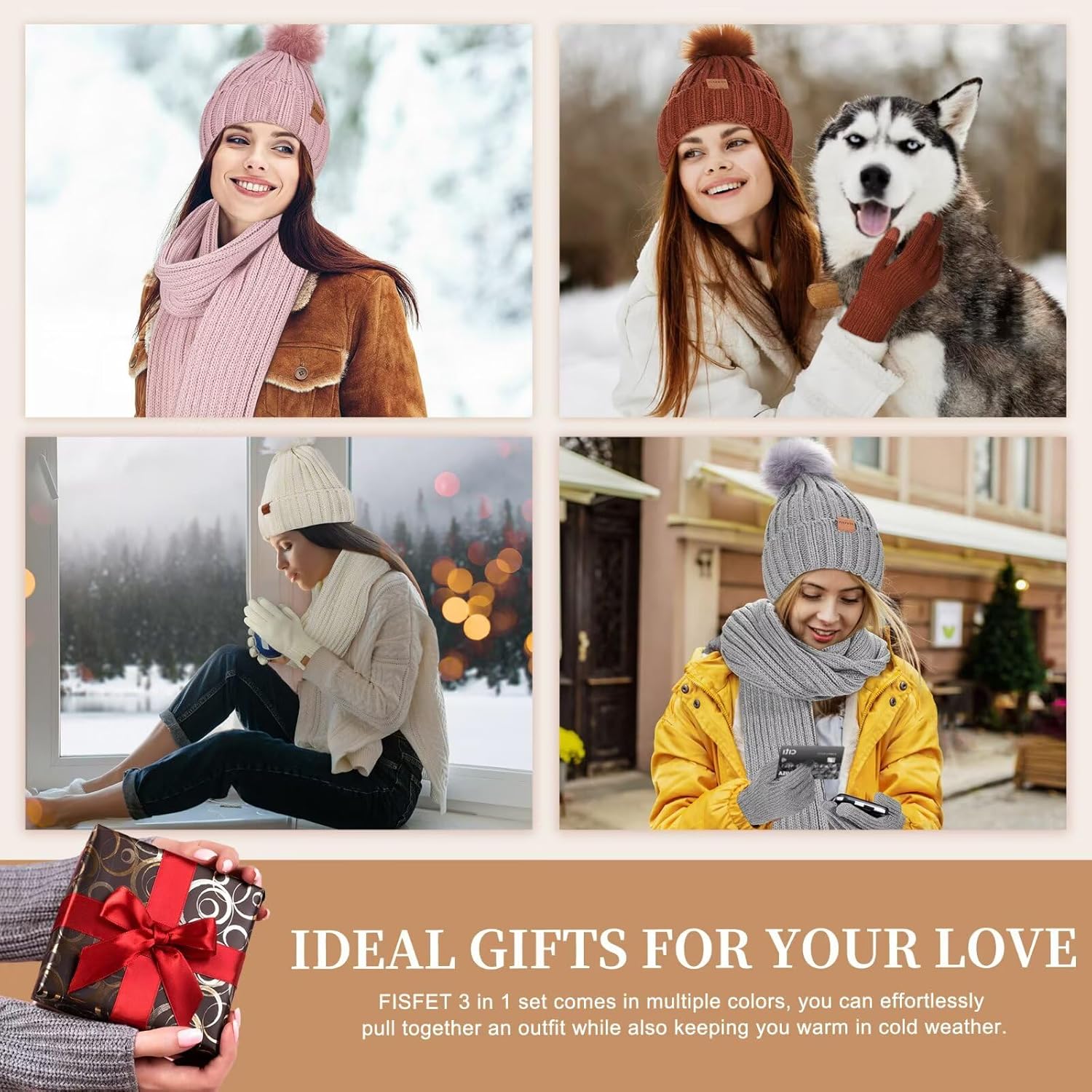 Winter Beanie Hat Scarf Gloves Set for Women, Womens Beanie with Pom Pom Long Scarf Neck Warmer Touchscreen Gloves 3 in 1 Set - Image 6