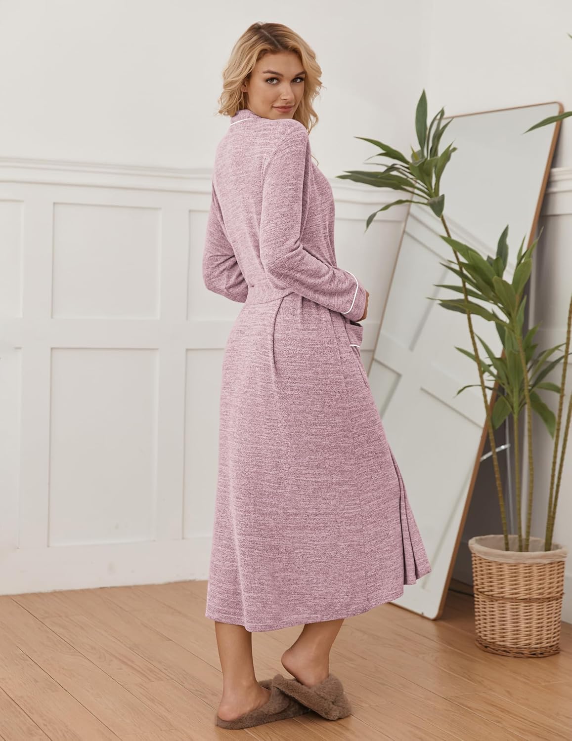 Ekouaer Womens Robe Long Bathrobe Lightweight Soft Knit Kimono Robes Ladies Casual Sleepwear S-3XL - Image 3