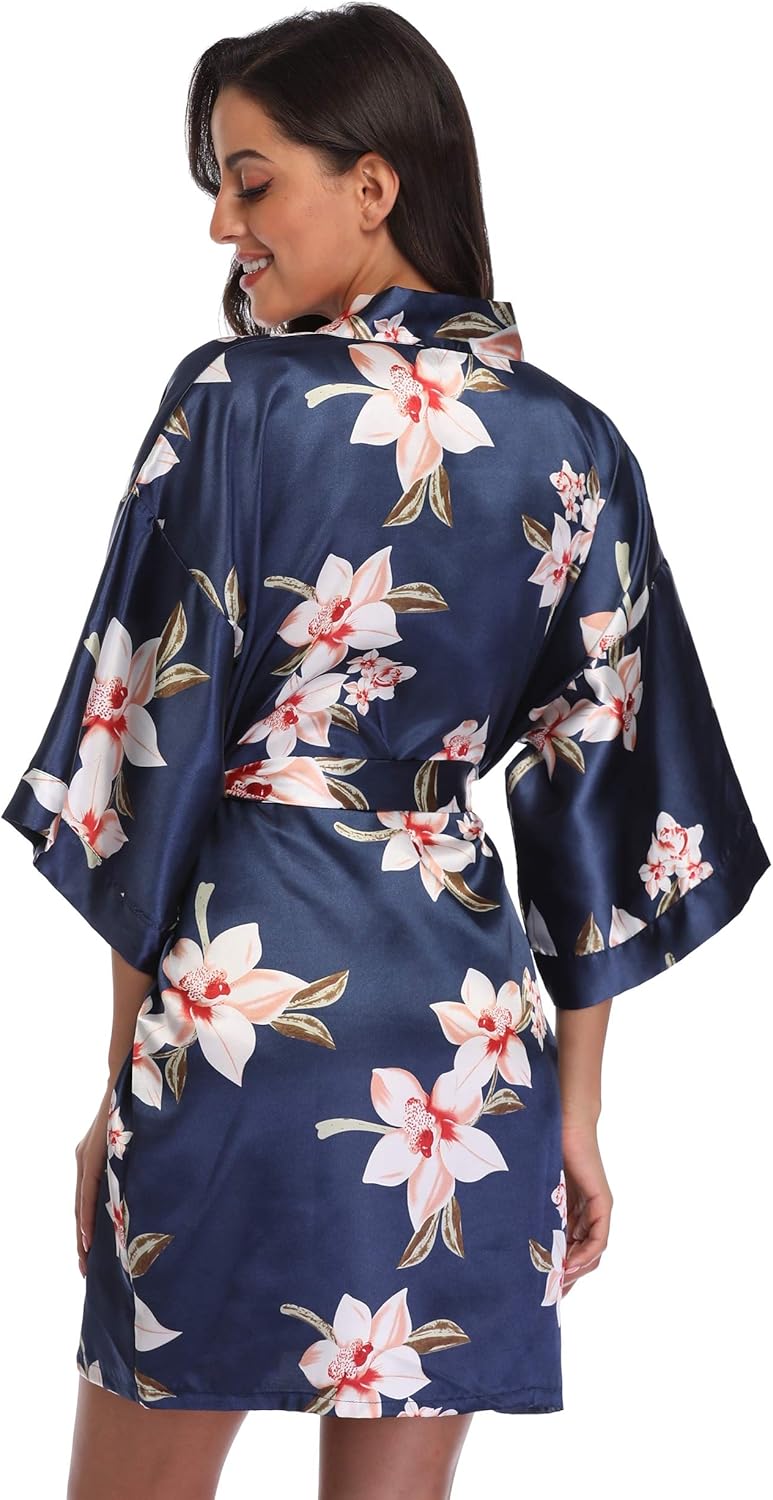 season dressing Women Floral Robes Bridesmaids Short Satin Kimono Sleepwear for Wedding Party - Image 5