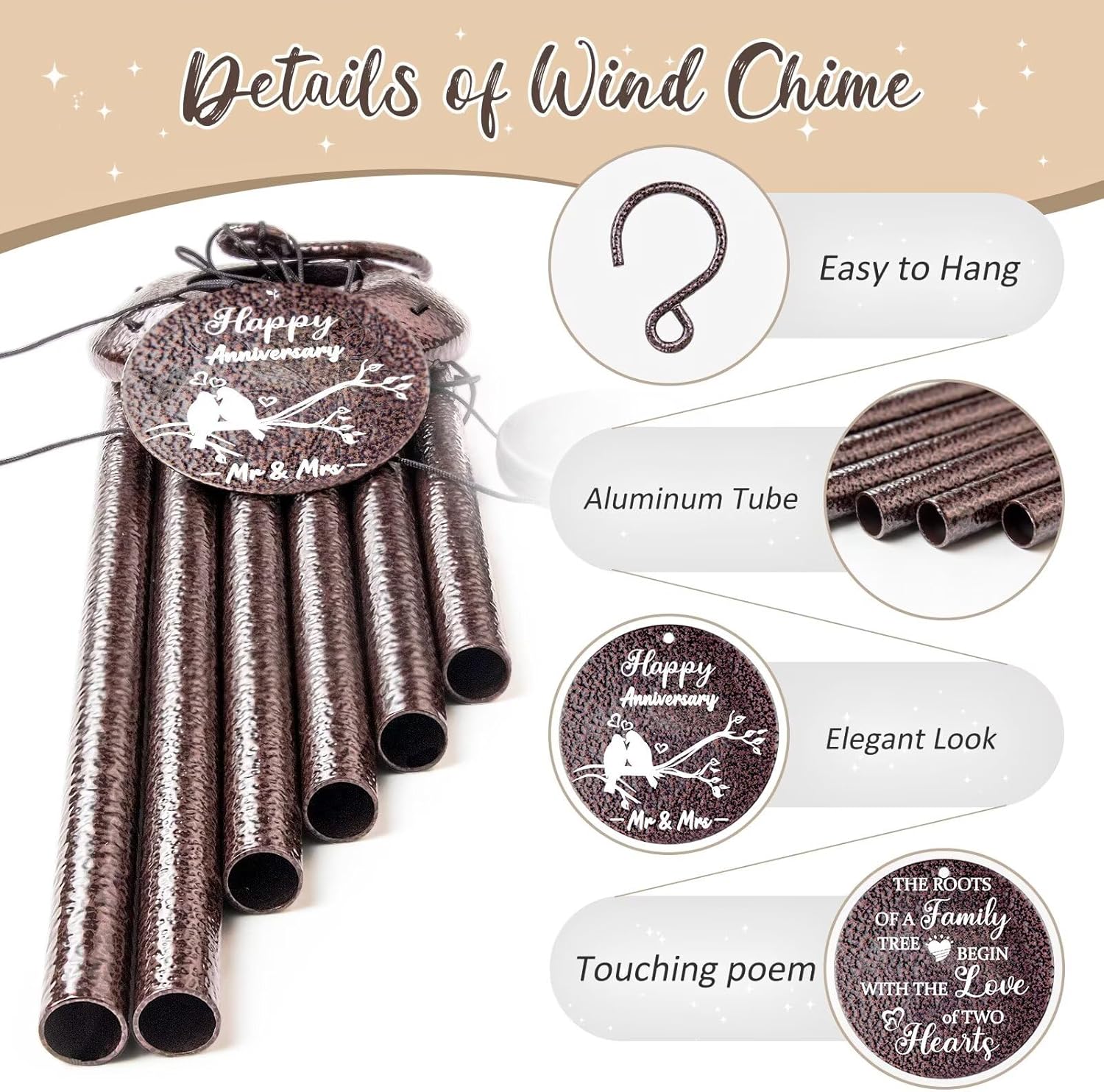Anniversary Wind Chimes Gifts for Men Women, 25" Wind Chimes Romantic Gift for Couple, Parents, Wife, Husband, Friends, Happy Anniversary Decorations - Image 6