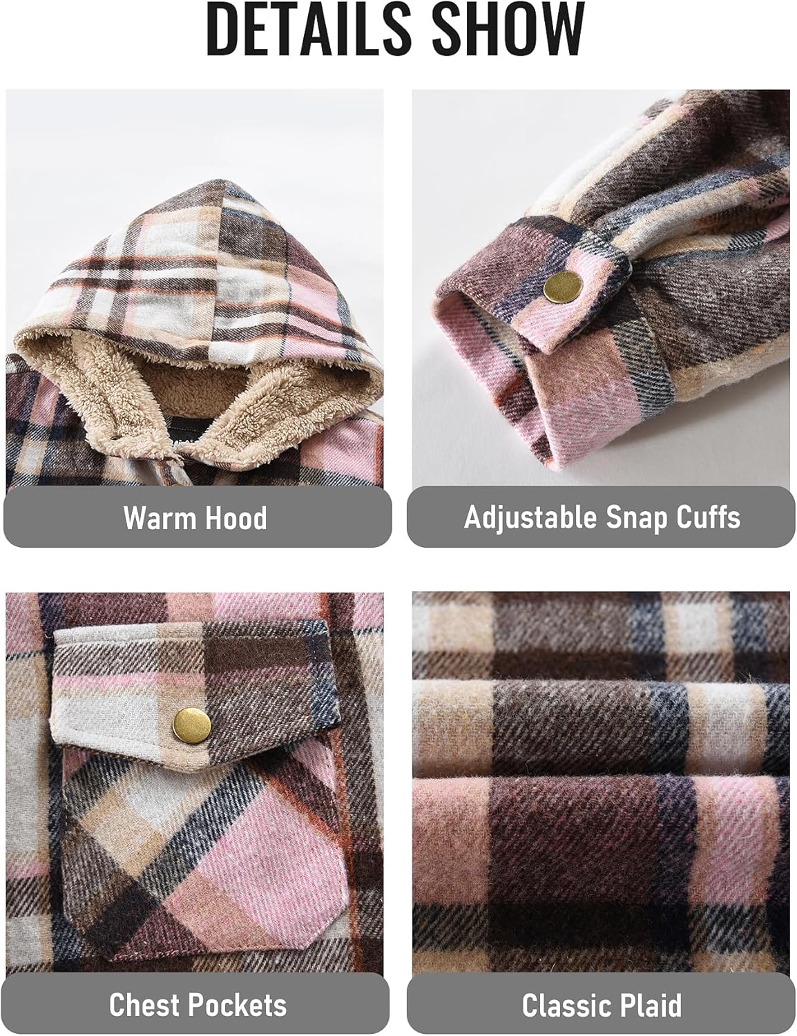 Elesuit Women's Fleece Flannel Jacket Plaid Sherpa Lined Jacket Long Sleeve Button Down Hooded Jackets for Women - Image 7