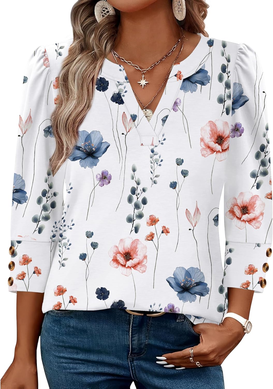 WIHOLL 3/4 Length Sleeve Womens Tops with Button Cuffs Dressy Casual V Neck Summer Outfits Early Fall Fashion Clothes 2025 - Image 2