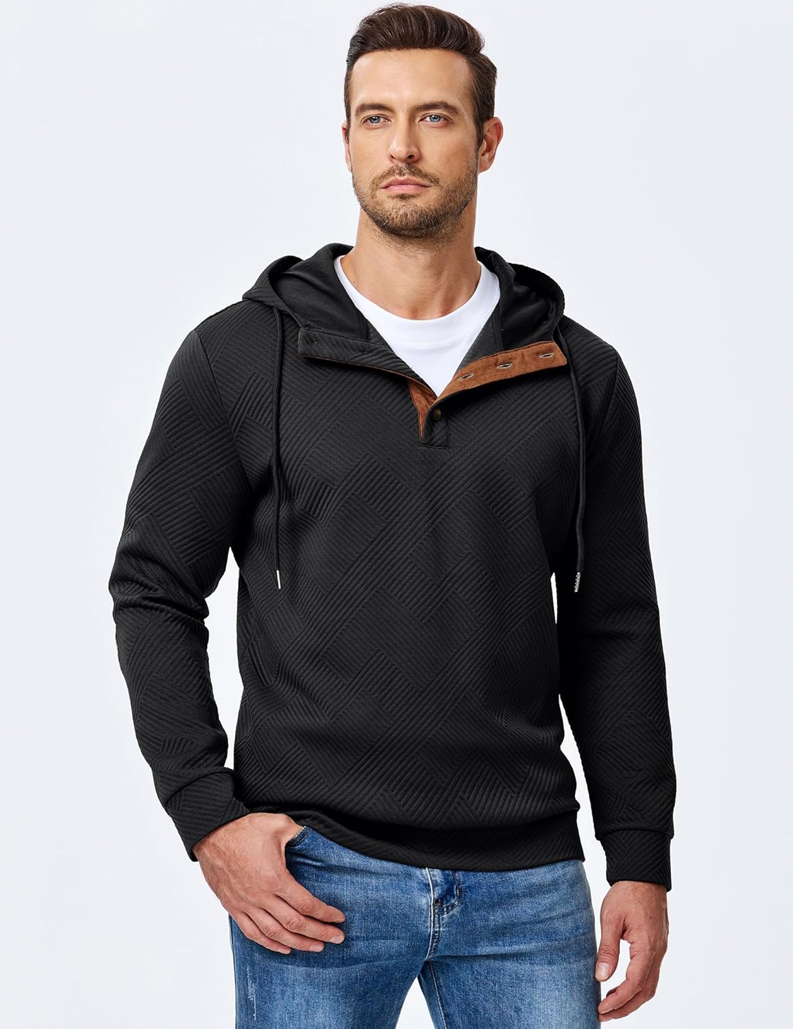 JMIERR Mens Hoodies Fall Casual Cotton Textured Long Sleeve Half Button Pullover Hooded Sweatshirts - Image 2