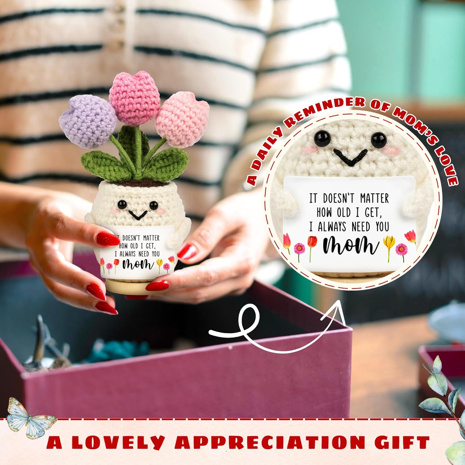 Gifts for Mom from Daughter Son - Cute Christmas, Mothers Day, Birthday Gifts for Moms - 5.51'' x 4.13'' Knitted Positive Tulip Flowers Mom Crochet Doll - Image 4