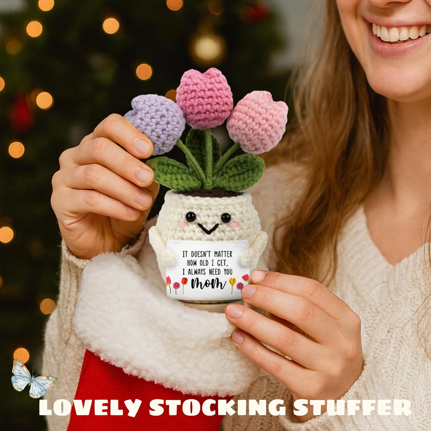 Gifts for Mom from Daughter Son - Cute Christmas, Mothers Day, Birthday Gifts for Moms - 5.51'' x 4.13'' Knitted Positive Tulip Flowers Mom Crochet Doll - Image 5