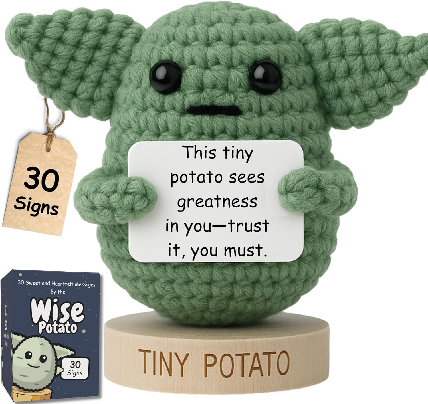 Handmade Baby Yoda Positive Crochet with 30 Fun Affirmations - Funny Friendship Gift for Christmas, Birthday Gifts for Women | Small Stocking Stuffers Starwars Present Idea for Friends, BFF, Coworker