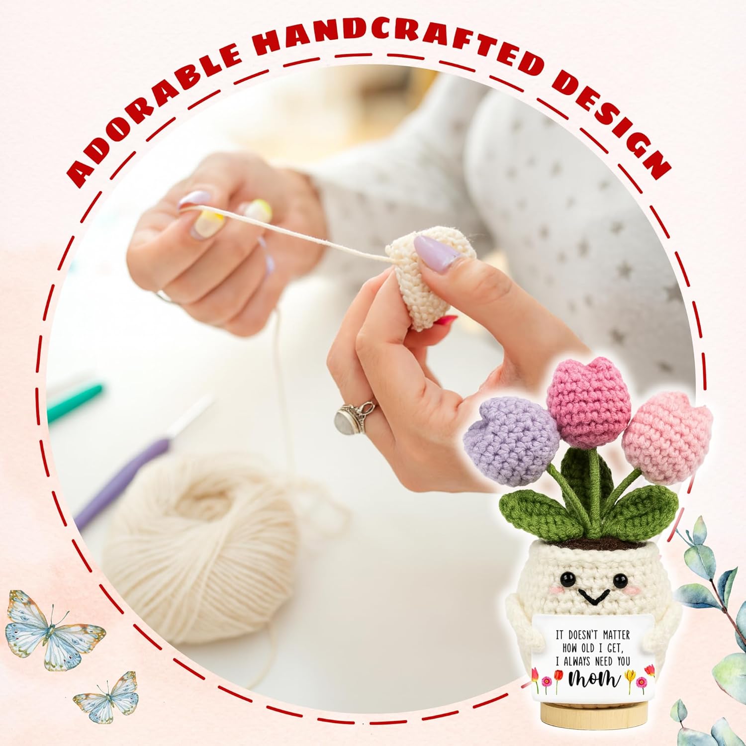 Gifts for Mom from Daughter Son - Cute Christmas, Mothers Day, Birthday Gifts for Moms - 5.51'' x 4.13'' Knitted Positive Tulip Flowers Mom Crochet Doll - Image 3
